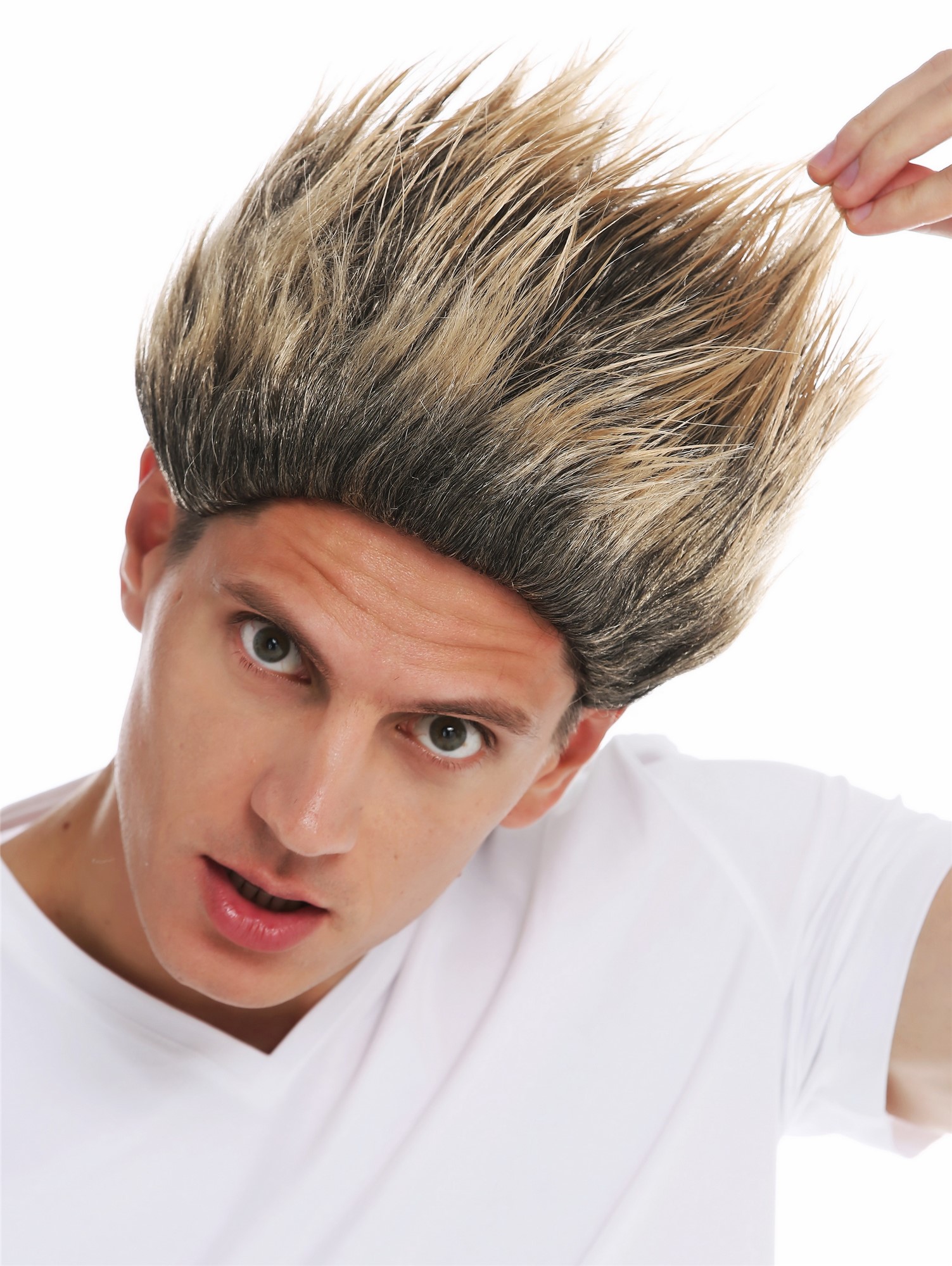 Wig Halloween men women high teased troll devil goblin black blonde tips 31733, front view, WIG ME UP: Your Perücken Online Shop Party Wig, Men, jet black-caramel blonde mix, straight, short