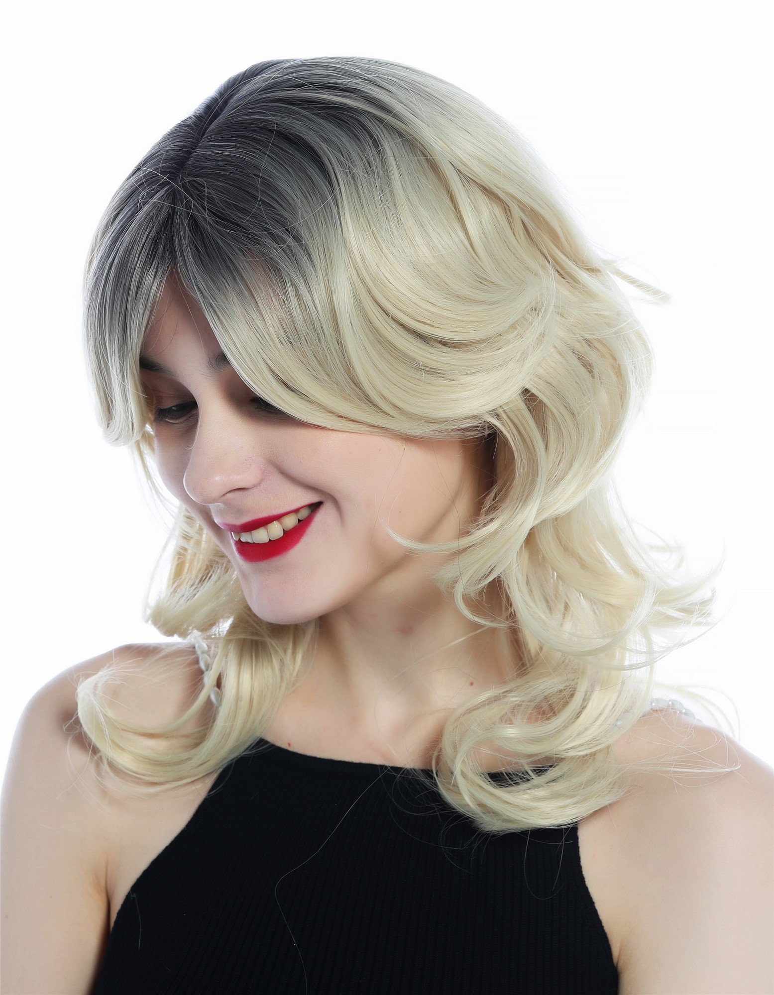 Lady wig shoulder length wavy slight curls bright blond dark roots ombre SZL0667, view 2, WIG ME UP: Your Perücken Online Shop Quality Wigs, Ladies, gray-blue-platinum blonde gradient, wavy, shoulder-length
