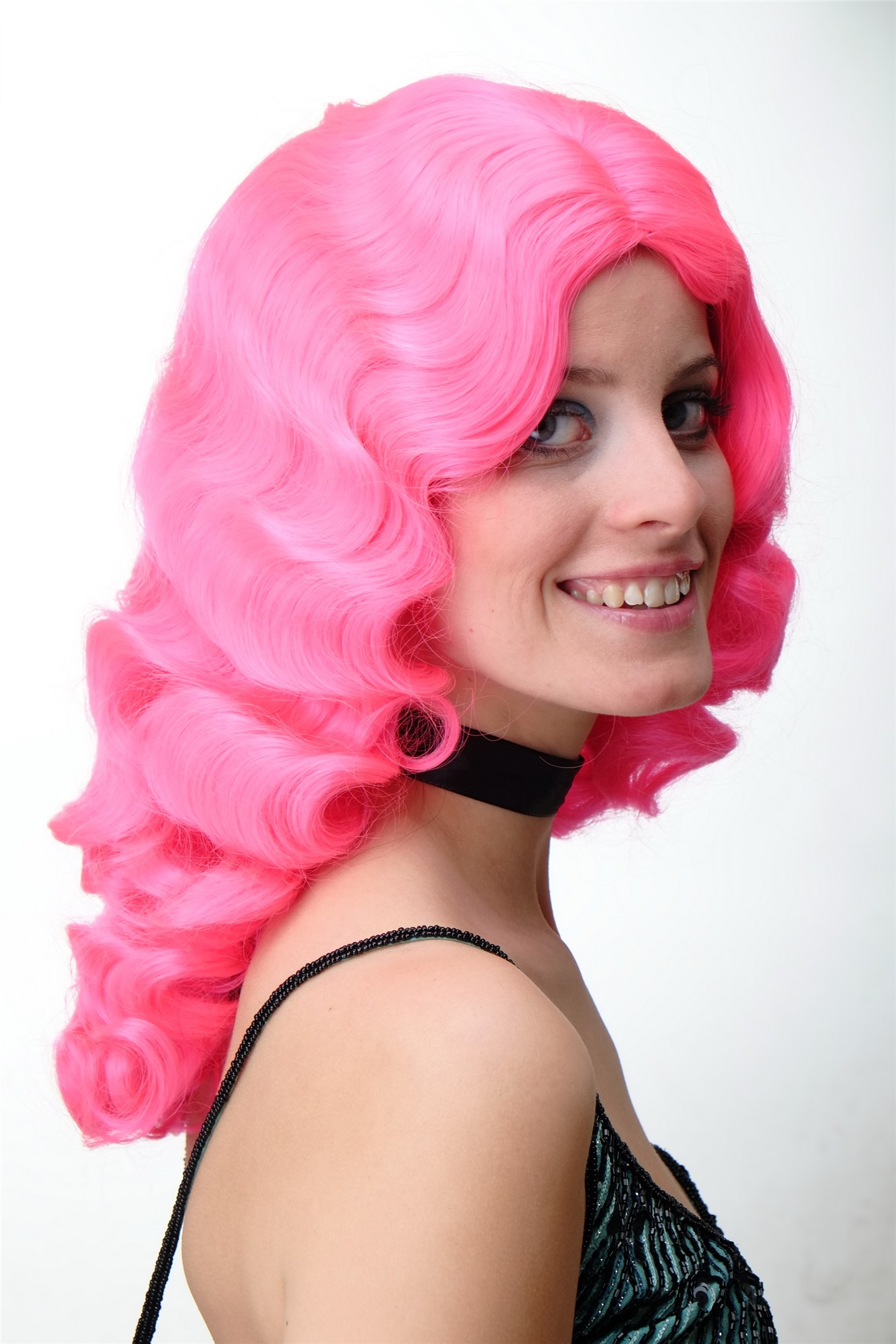 hochwertige Qualitätsperücken, Perücke Diva Wasserwelle Rosa Pink GFW1860-TF2315, Ansicht 3, WIG ME UP: Ihr Perücken Online Shop wellige Tressen-Perücke mit Kopfhaut-Imitat Neonrosa schulterlange Haare für Damen