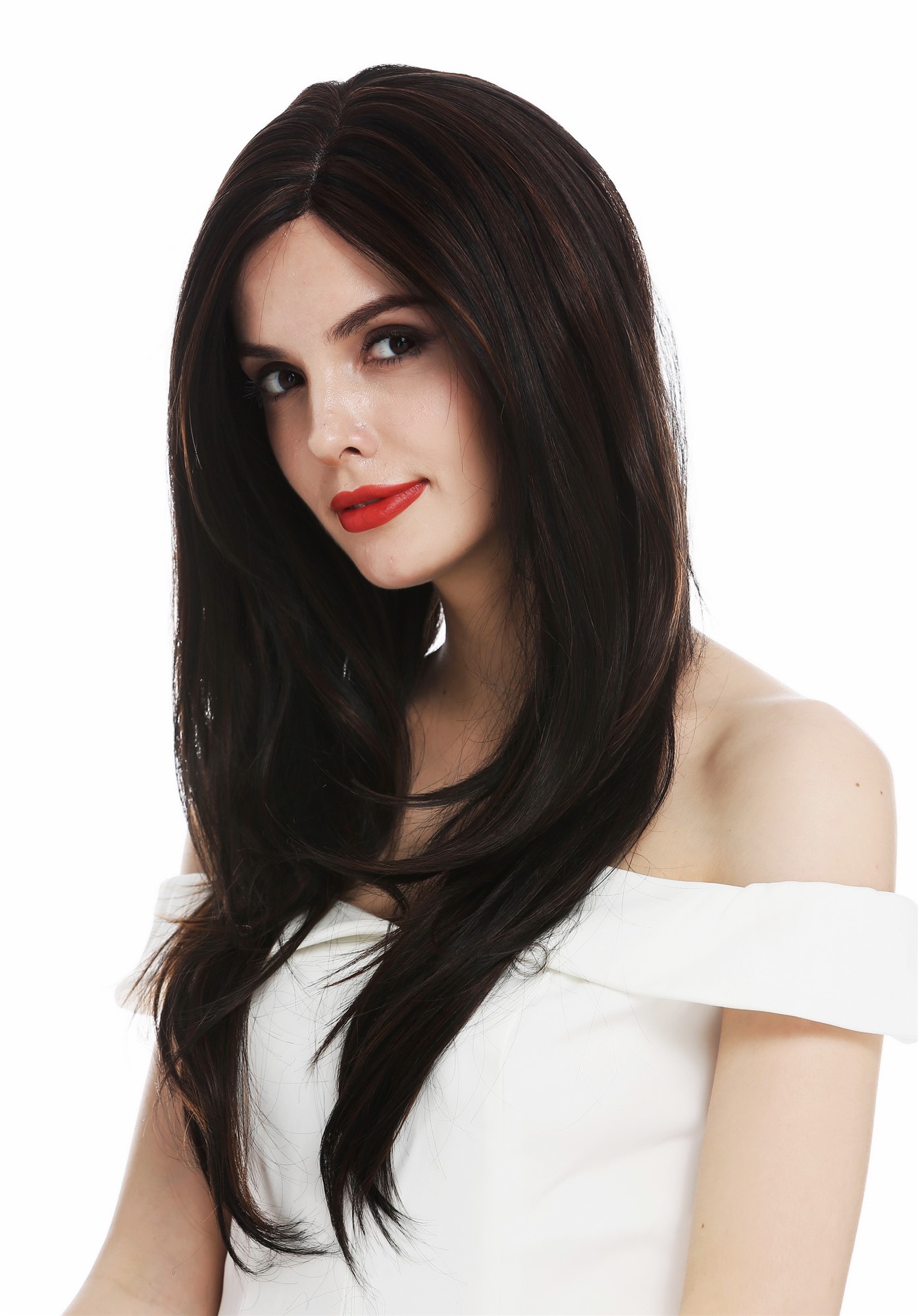 hochwertige Qualitätsperücken, Perücke Lace-Front Monofilament lang sleek glatt schwarzbraun kupferbraun gesträhnt DW2768-MF-2H30, Ansicht 3, WIG ME UP: Ihr Perücken Online Shop glatte Tressen-Perücke mit Teil-Mono Oberkopf, Front-Lace Schwarz-Braun-Mix lange Haare für Damen