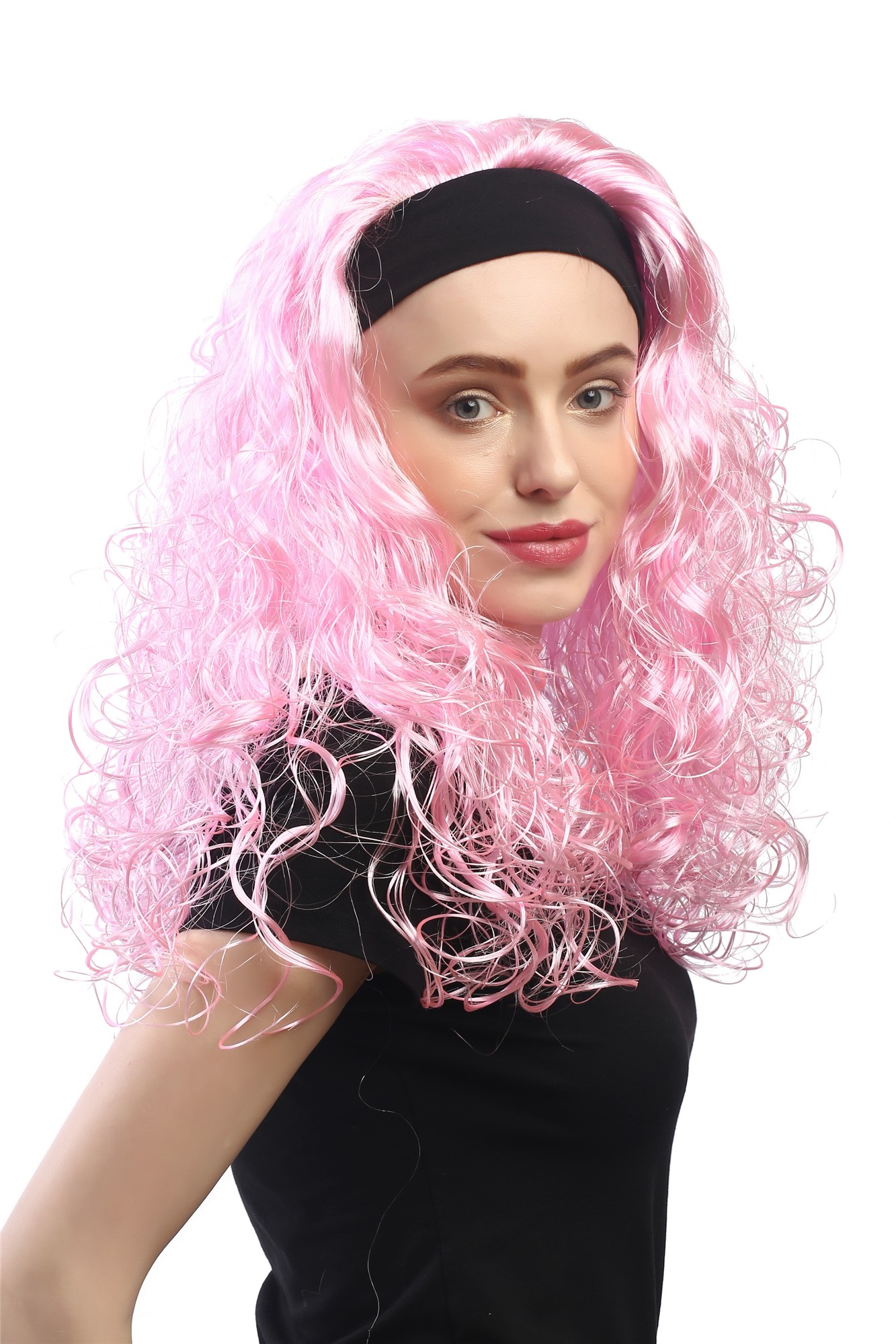 Lady Party Wig Halloween Cosplay curly pink volume held by headband very sexy Aerobics instructor, front view, WIG ME UP: Your Perücken Online Shop Party Wig, Ladies, Pink, curled, long
