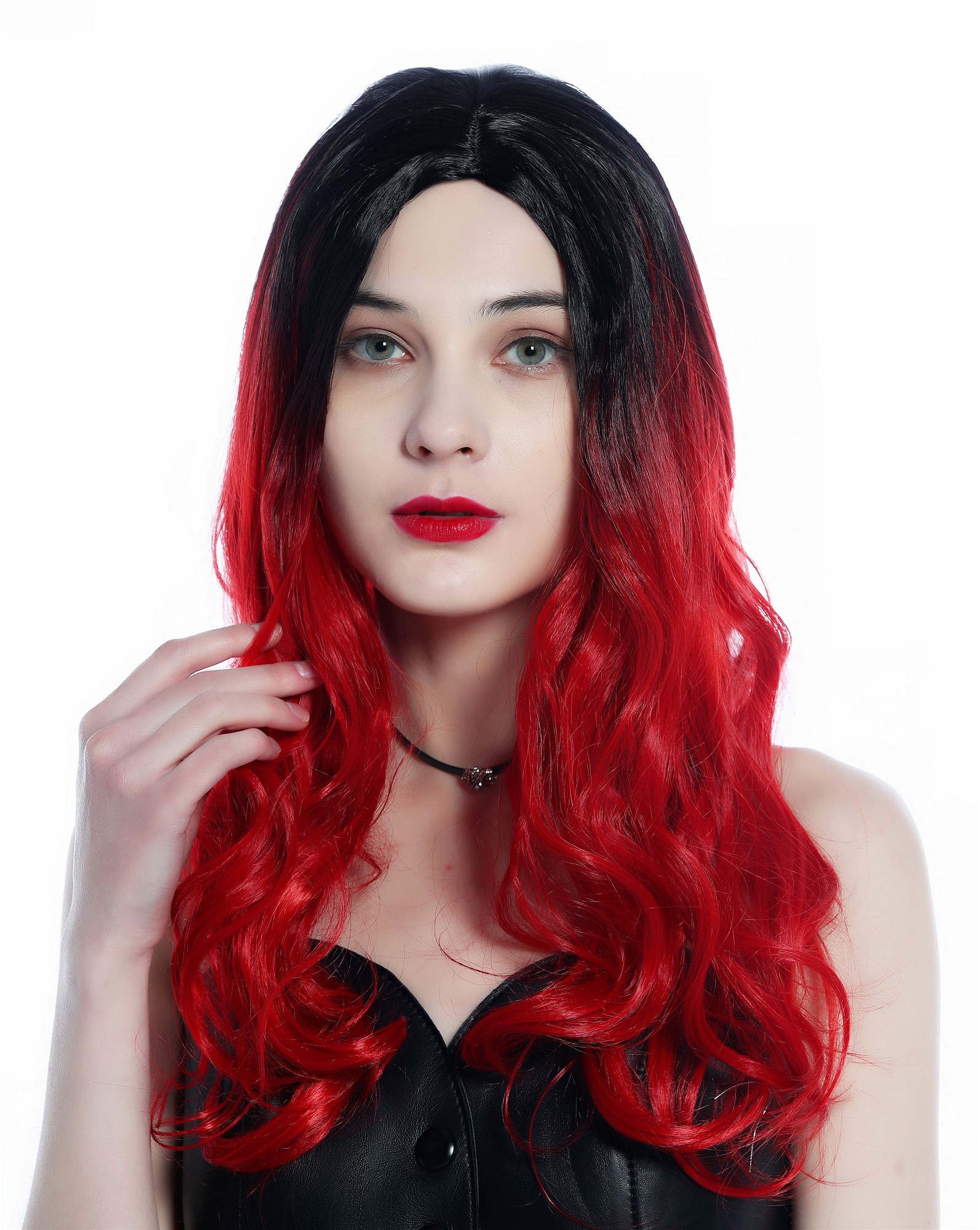 Women's Wig lady long wavy middle-parting ombre black to red ZM-1001, view 2, WIG ME UP: Your Perücken Online Shop Quality Wigs, Ladies, black-red gradient, wavy, long