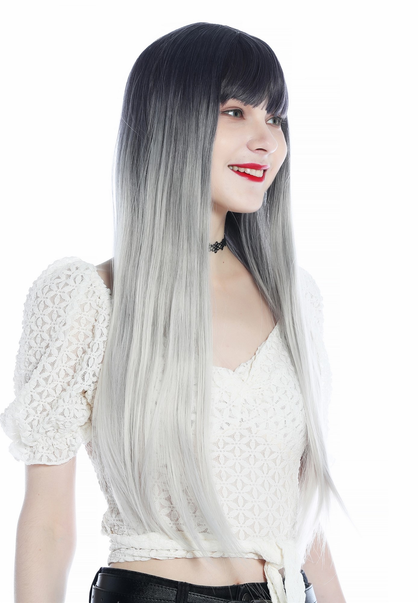 hochwertige Qualitätsperücken, Perücke lang glatt Pony Ombre Violett-Schwarz Silberblond SZL0807B-T-001, Ansicht 2, WIG ME UP: Ihr Perücken Online Shop glatte Tressen-Perücke mit Kopfhaut-Imitat Blauschwarz-Silberblond-Verlauf lange Haare für Damen