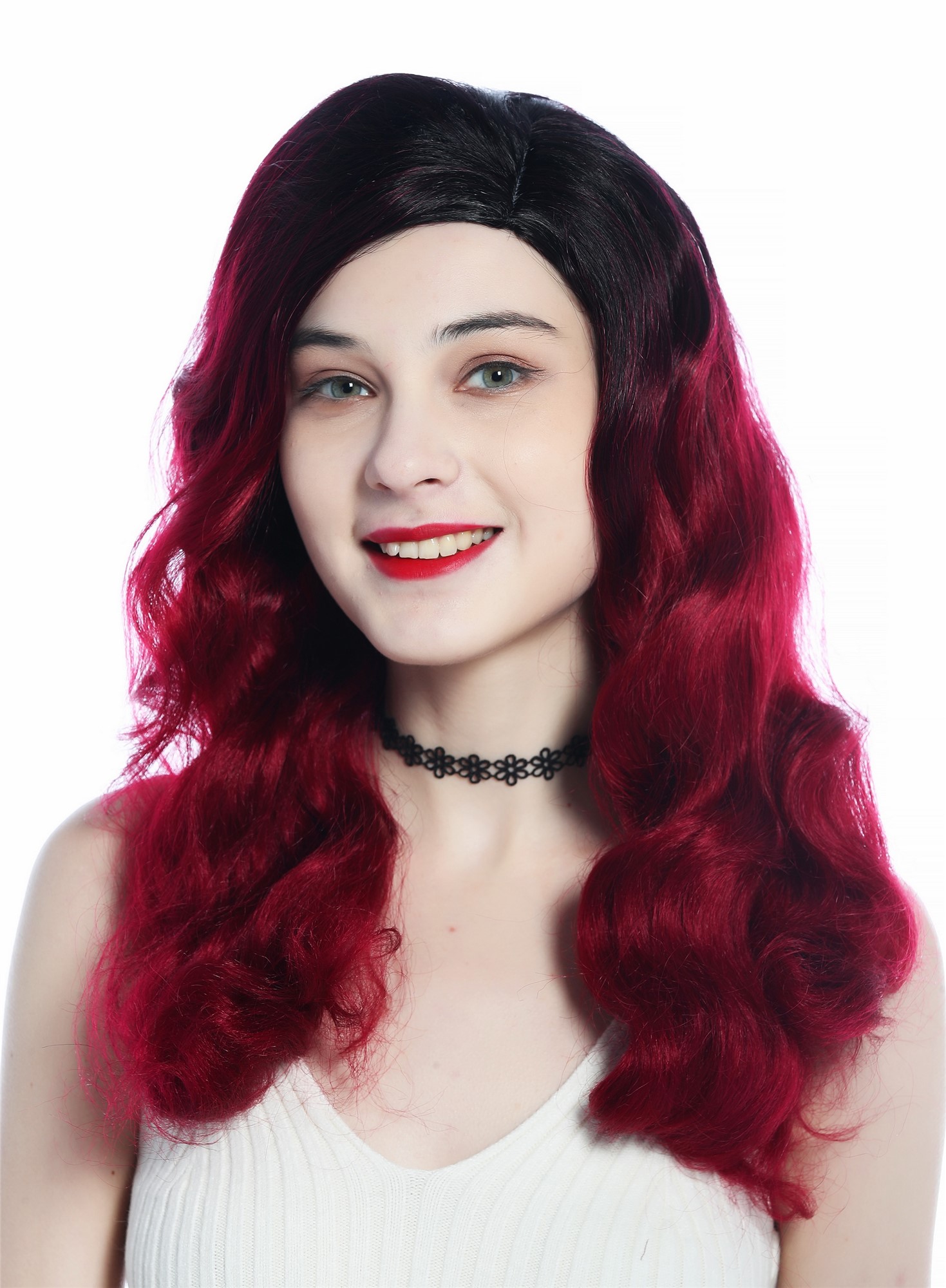 Lady wig long parting opulently waved wavy diva 30's 40's ombre black red DW3340, front view, WIG ME UP: Your Perücken Online Shop Quality Wigs, Ladies, black-fire red gradient, wavy, long