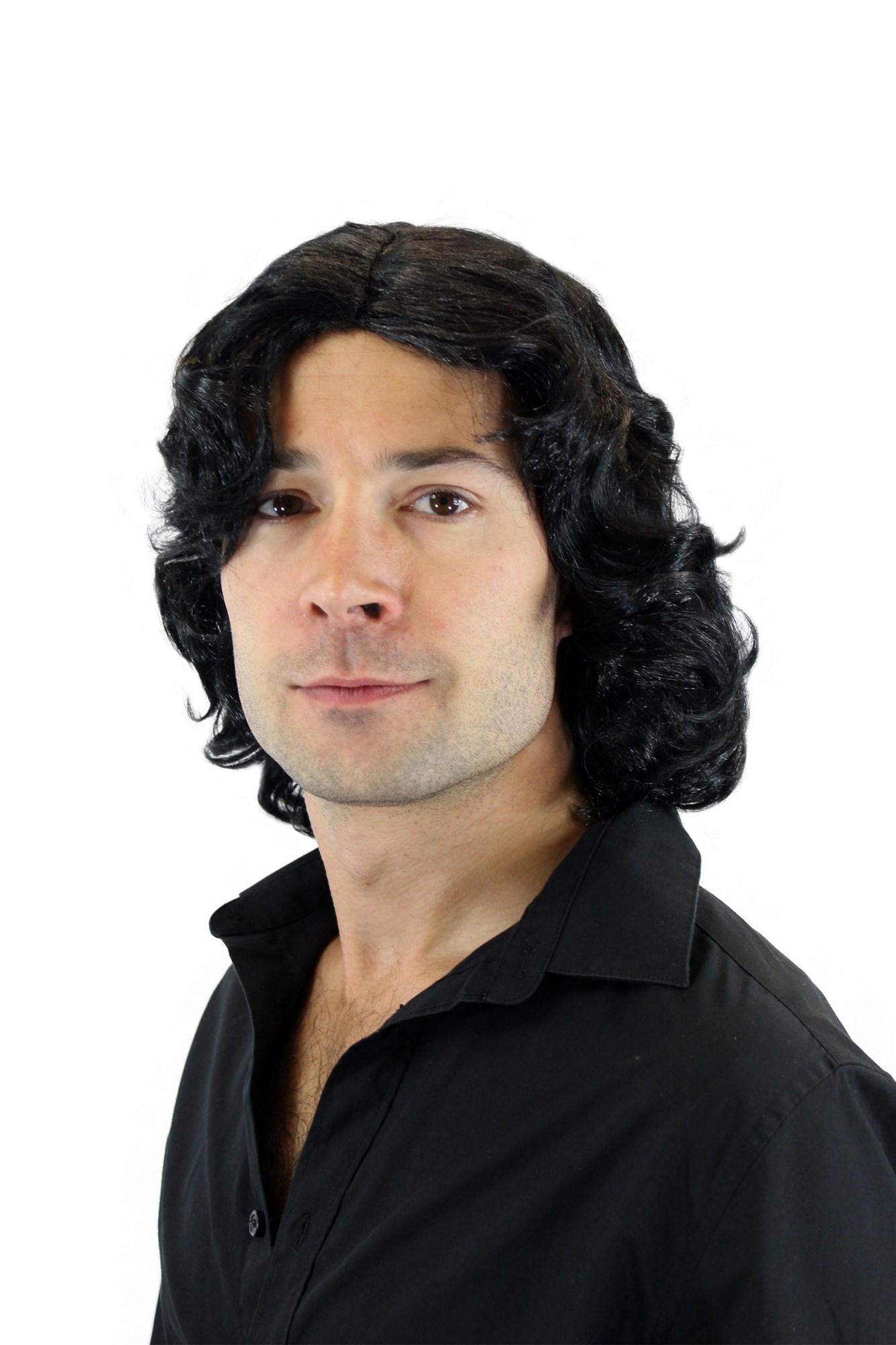 günstige Party Perücke, Herrenperücke lang Schwarz Schlagersänger 3750-P103, Ansicht 7, WIG ME UP: Ihr Perücken Online Shop lockige Party Perücke Schwarz schulterlange Haare Unisex