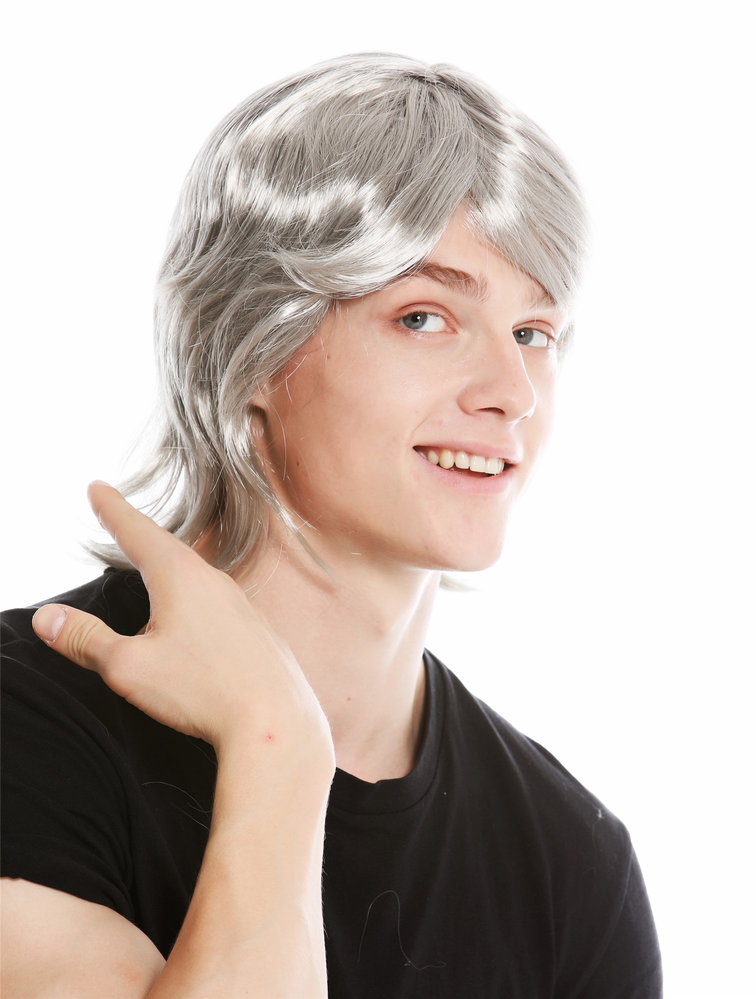 günstige Party Perücke, Perücke Bart Set 70er Jahre Bulle Grau 91105-ZA68R, Ansicht 3, WIG ME UP: Ihr Perücken Online Shop wellige Party Perücke Grau schulterlange Haare Unisex