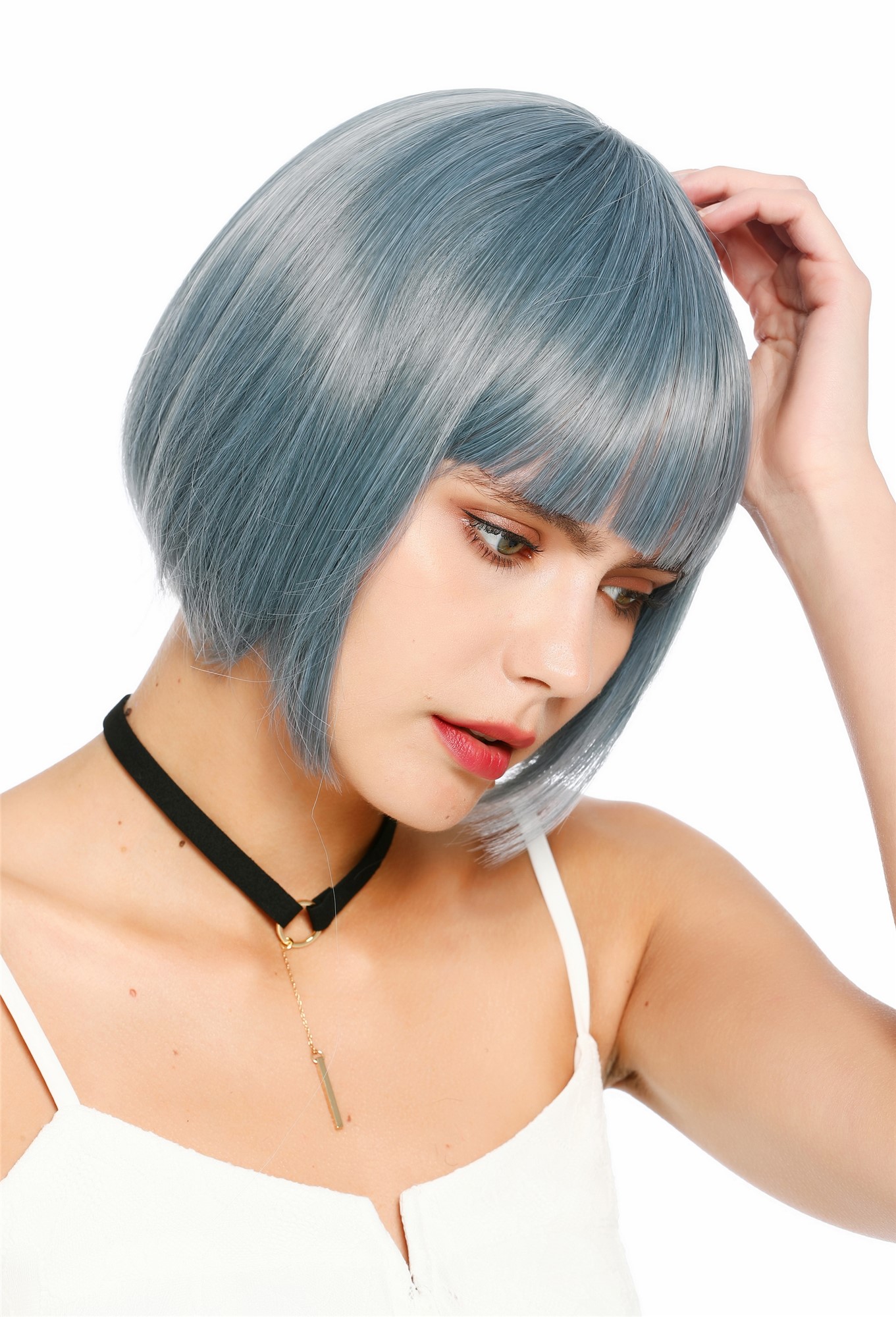 Damenperücke kurz Bob Pony glatt Blau Grau Mix SZL0751-DHT4220/3930