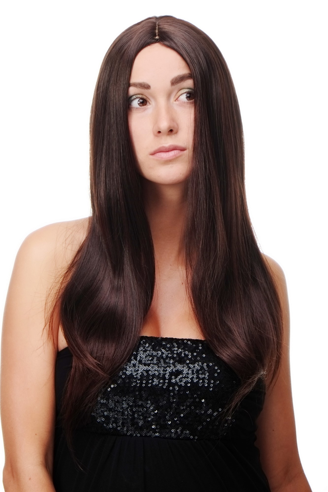 hochwertige Qualitätsperücken, Damen Perücke lang glatt Mittelscheitel Schwarzbraun-Mahagonibraun-Mix SA-151-2T33, Vorderansicht, WIG ME UP: Ihr Perücken Online Shop glatte Tressen-Perücke mit Kopfhaut-Imitat Braun lange Haare für Damen