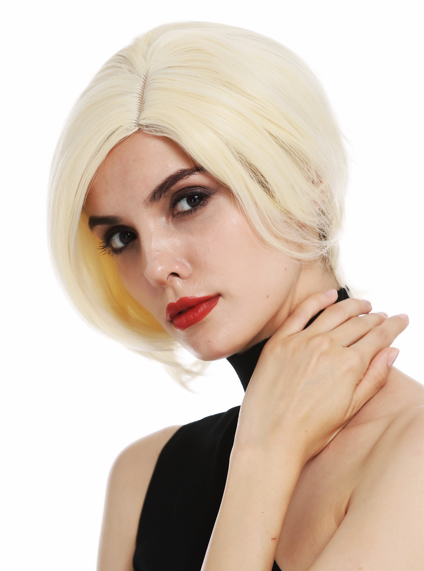 hochwertige Qualitätsperücken, Perücke kurz Bob Scheitel Hellblond TYS-404-613, Ansicht 2, WIG ME UP: Ihr Perücken Online Shop glatte Tressen-Perücke mit Kopfhaut-Imitat Platinblond kurze Haare für Damen