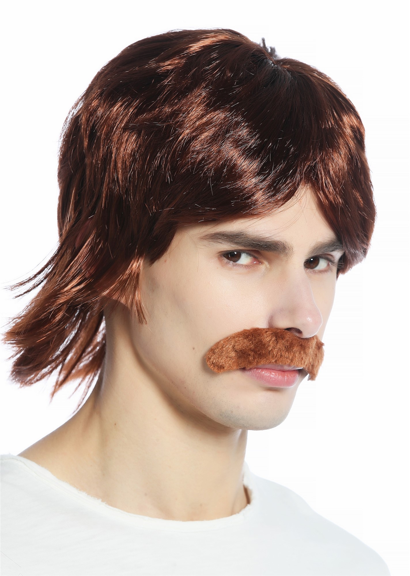 günstige Party Perücke, Perücke Herren 70er Jahre Proll Cop Vokuhila Schnauzbart braun CW-016-P33, Ansicht 2, WIG ME UP: Ihr Perücken Online Shop glatte Party Perücke Mahagoni kurze Haare für Herren