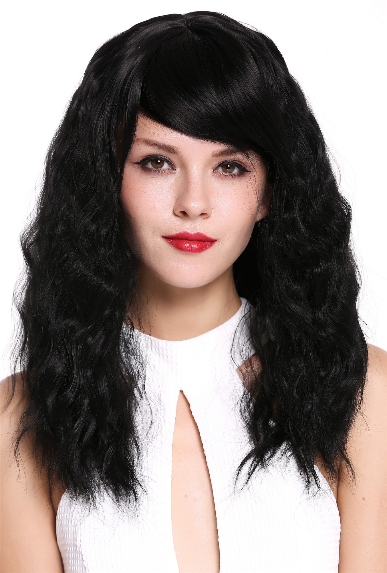 Lady Woman Wig Long Voluminous Dense Curls Curled straight at parting Black 5093, front view, WIG ME UP: Your Perücken Online Shop Quality Wigs, Ladies, black-brown, wavy, long
