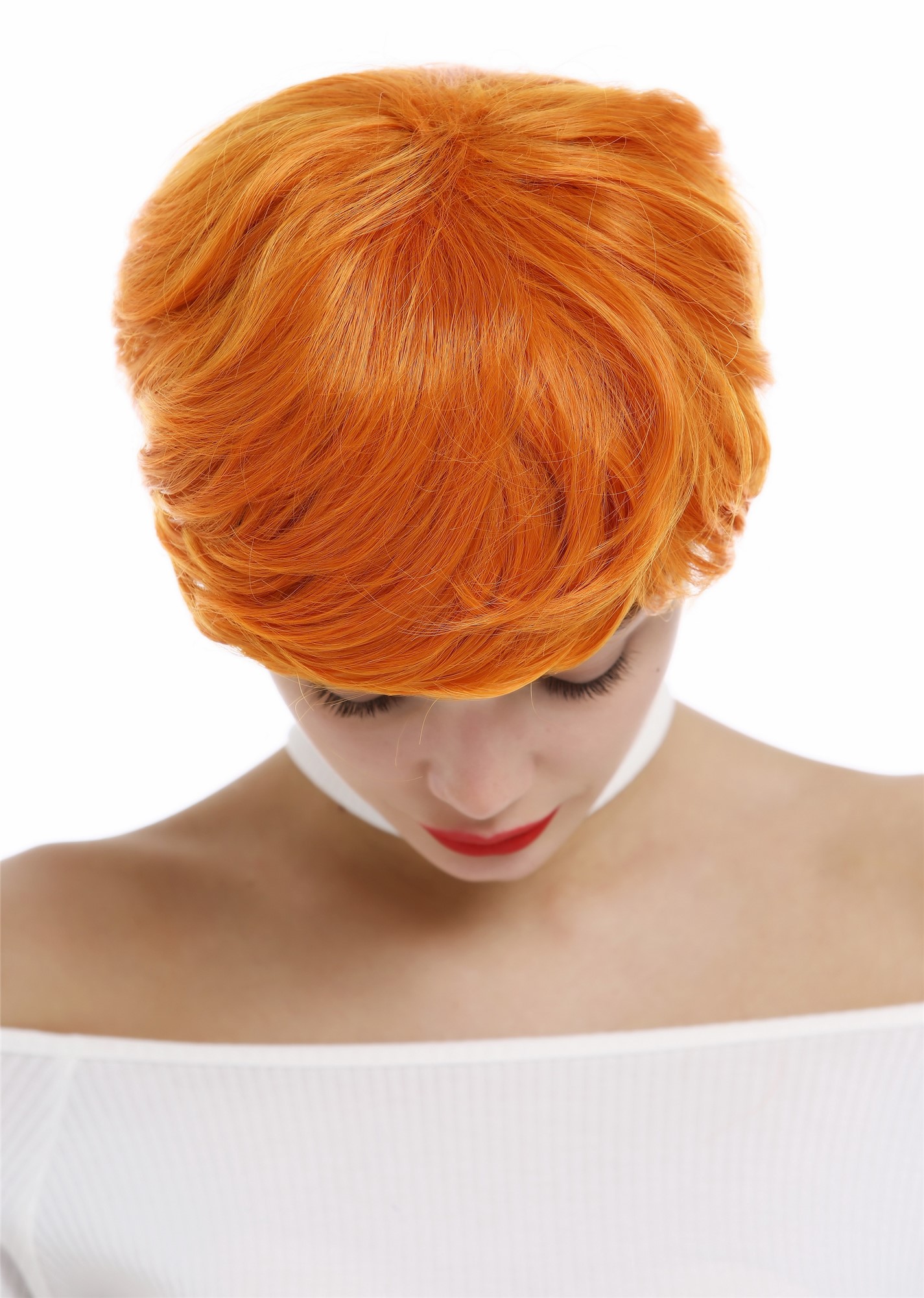 hochwertige Qualitätsperücken, Perücke kurz Pixie Scheitel Orange 0824-T2735/TF2201, Ansicht 4, WIG ME UP: Ihr Perücken Online Shop wellige Tressen-Perücke Neonorange kurze Haare für Damen