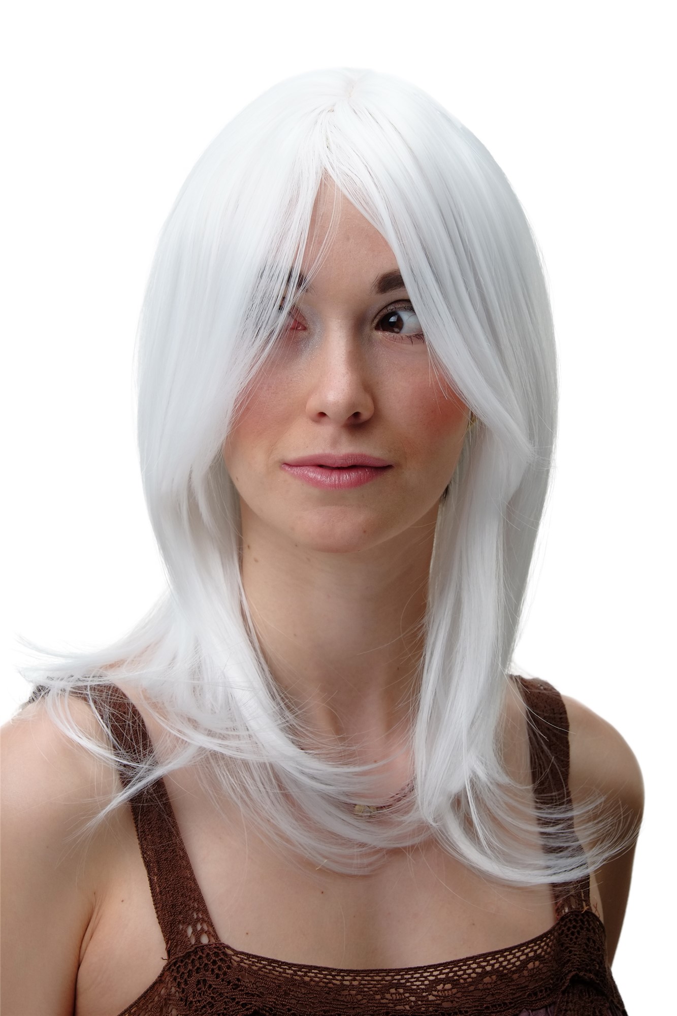 hochwertige Qualitätsperücken, Damen Perücke halblange glatte Haare weiß Cosplay 3240-1001, Vorderansicht, WIG ME UP: Ihr Perücken Online Shop glatte Tressen-Perücke mit Kopfhaut-Imitat Blütenweiß lange Haare für Damen