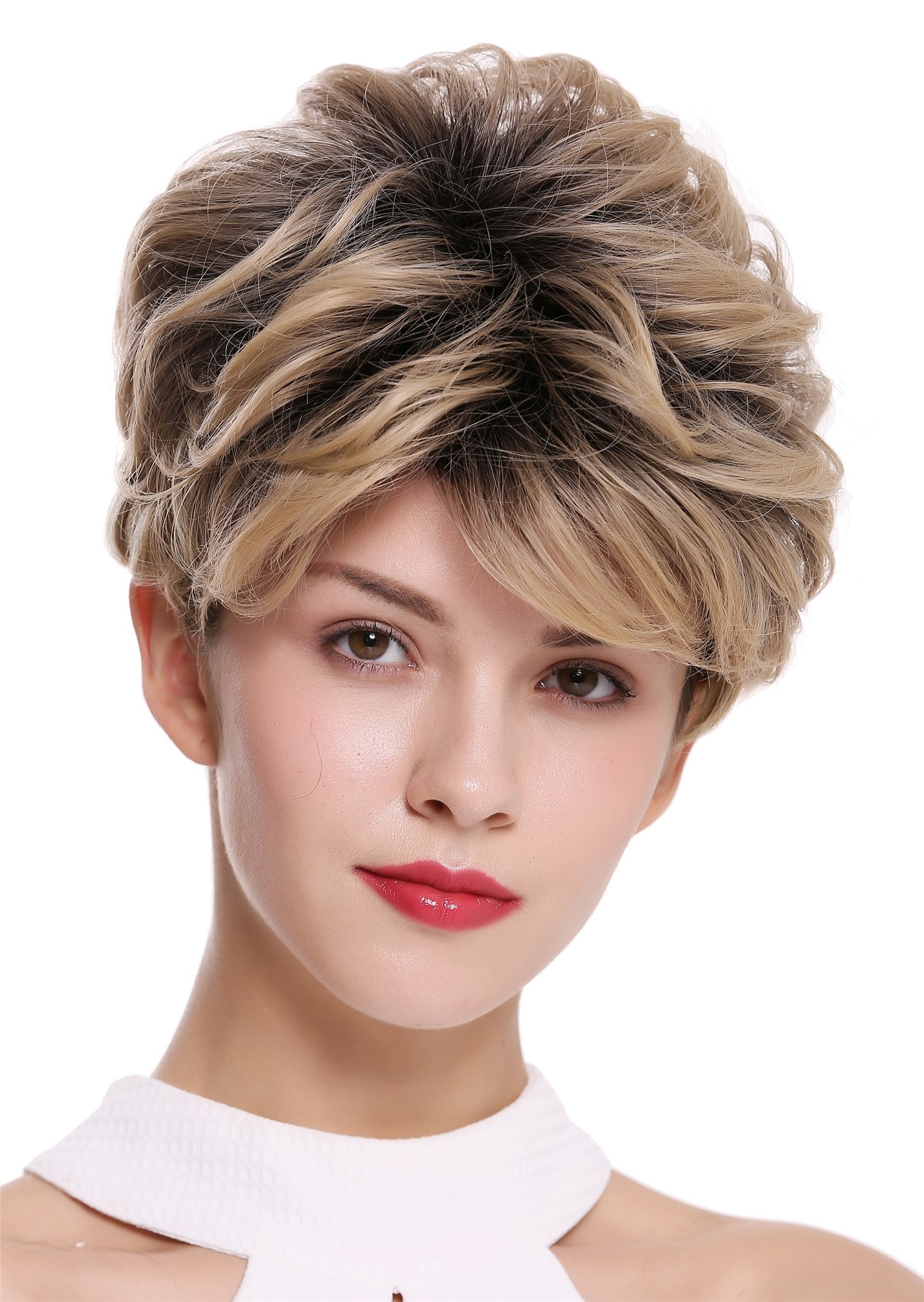 hochwertige Qualitätsperücken, Perücke kurz voluminös wellig Schwarz Blond Mix DW-2700-B27HB25DH613YS1B, Vorderansicht, WIG ME UP: Ihr Perücken Online Shop wellige Tressen-Perücke Blond-Schwarz-Mix kurze Haare für Damen