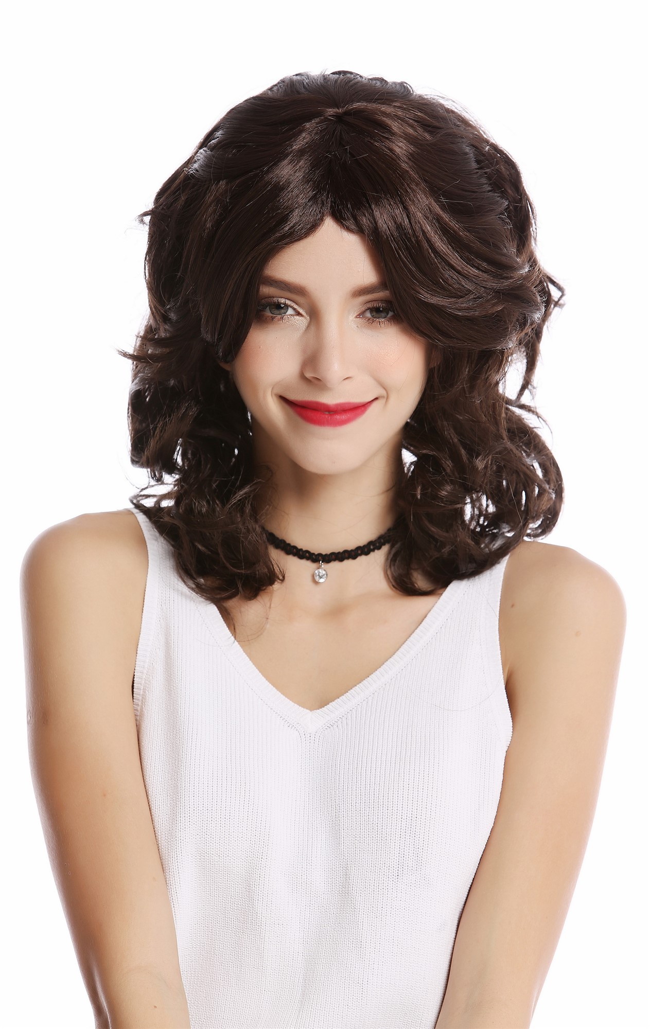 günstige Party Perücke, Perücke Toupiert Wellig Dunkelbraun 80er 91213-ZA2, Vorderansicht, WIG ME UP: Ihr Perücken Online Shop wellige Party Perücke Dunkelbraun schulterlange Haare für Damen