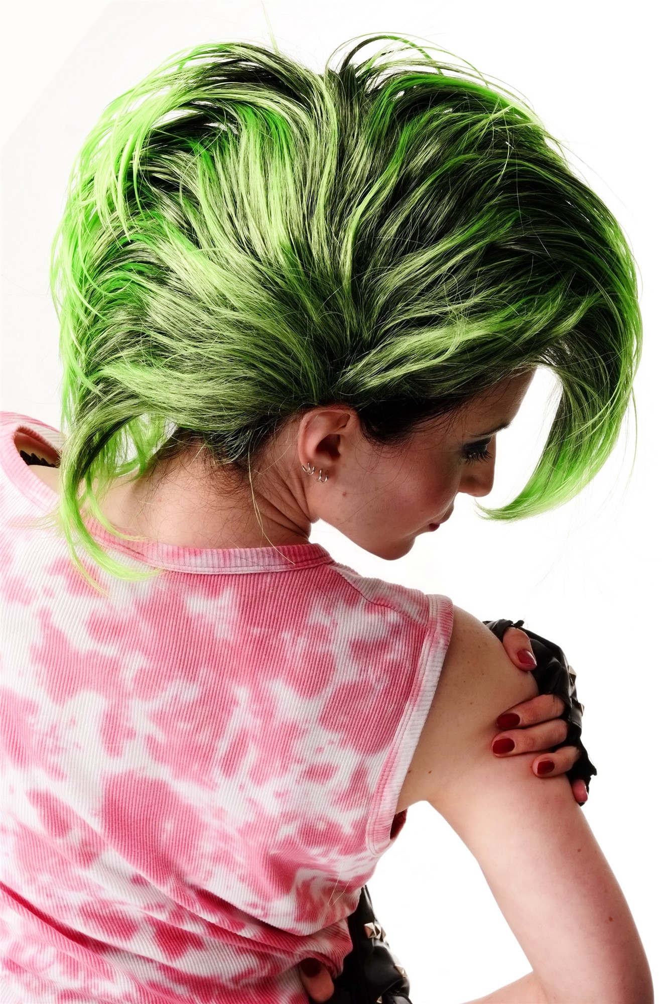 Party/Fancy Dress/Halloween Wig Mohawk 80ies Wave Glam Punk Black & Green, view 3, WIG ME UP: Your Perücken Online Shop Party Wig, Unisex, black and neon green, wavy, shoulder-length