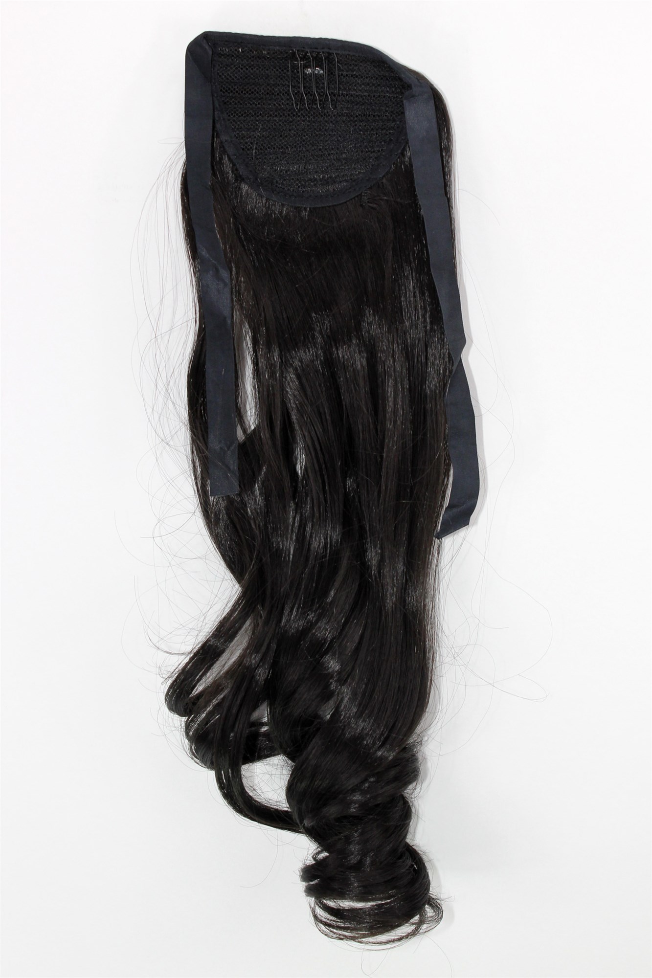 YZF-TC18-2 Hairpiece Pontail Pigtail extension slim light wavy comb and ribbon medium black 18", view 2, WIG ME UP: Your Perücken Online Shop Ponytails, black-brown, wavy, shoulder-length