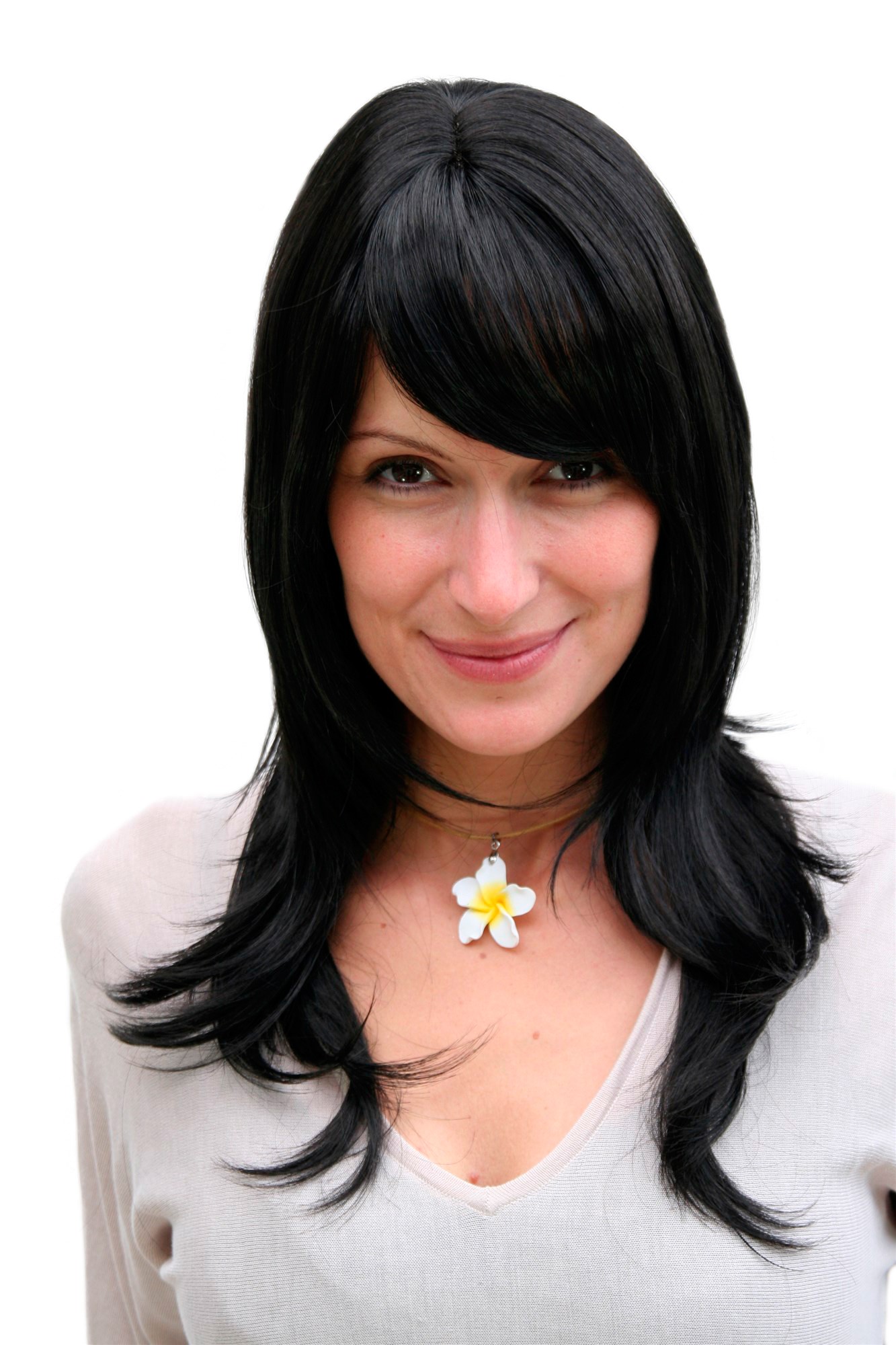 Lady wig black layered straight medium length Gothic long fringe parted 4038, front view, WIG ME UP: Your Perücken Online Shop Quality Wigs, Ladies, velvet black, straight, long