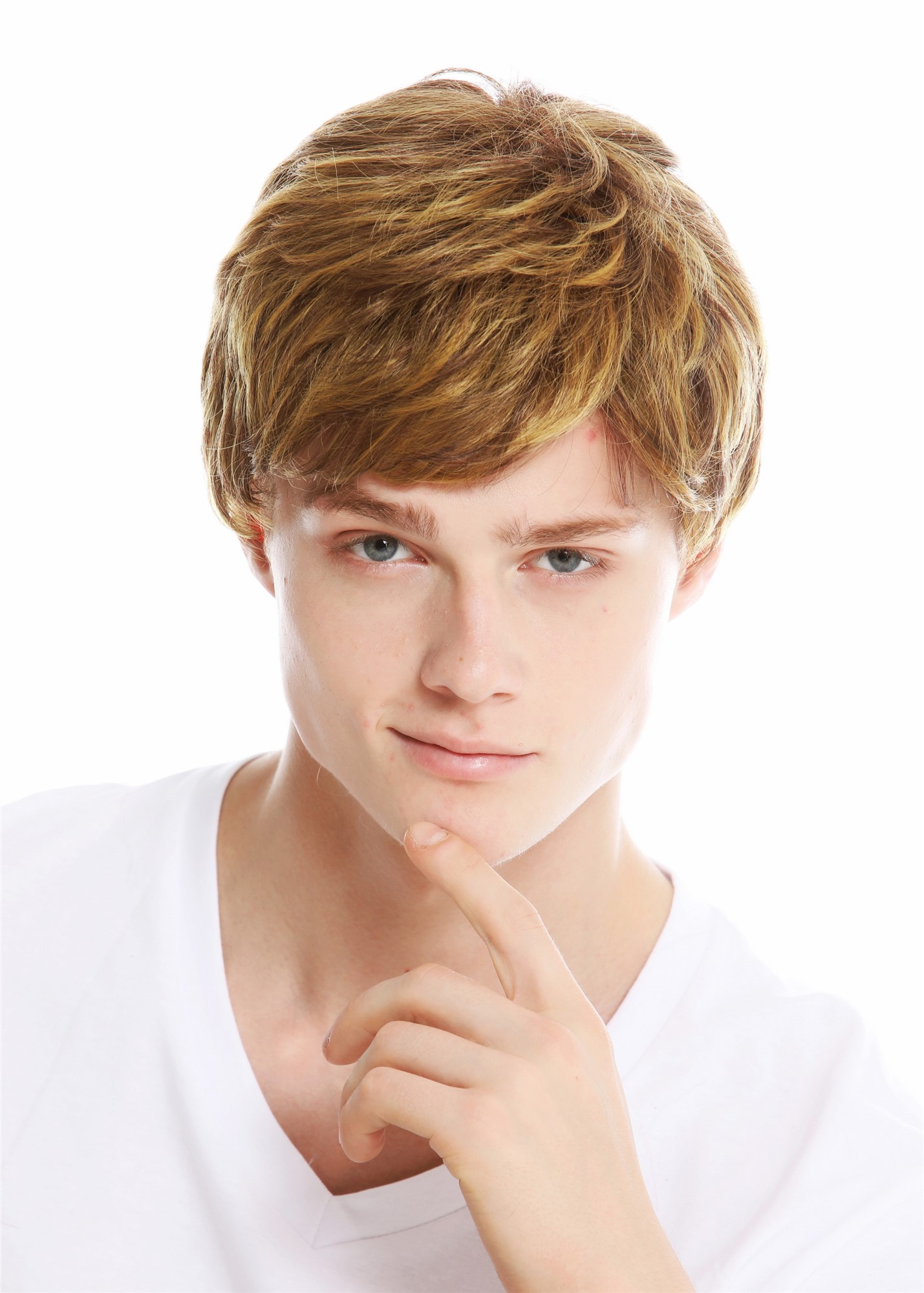 hochwertige Qualitätsperücken, Perücke Herren gewellt voluminös Braun Kupferblond gesträhnt TYL-457-R10B/144, Vorderansicht, WIG ME UP: Ihr Perücken Online Shop wellige Tressen-Perücke Braun-Blond-Mix kurze Haare für Unisex