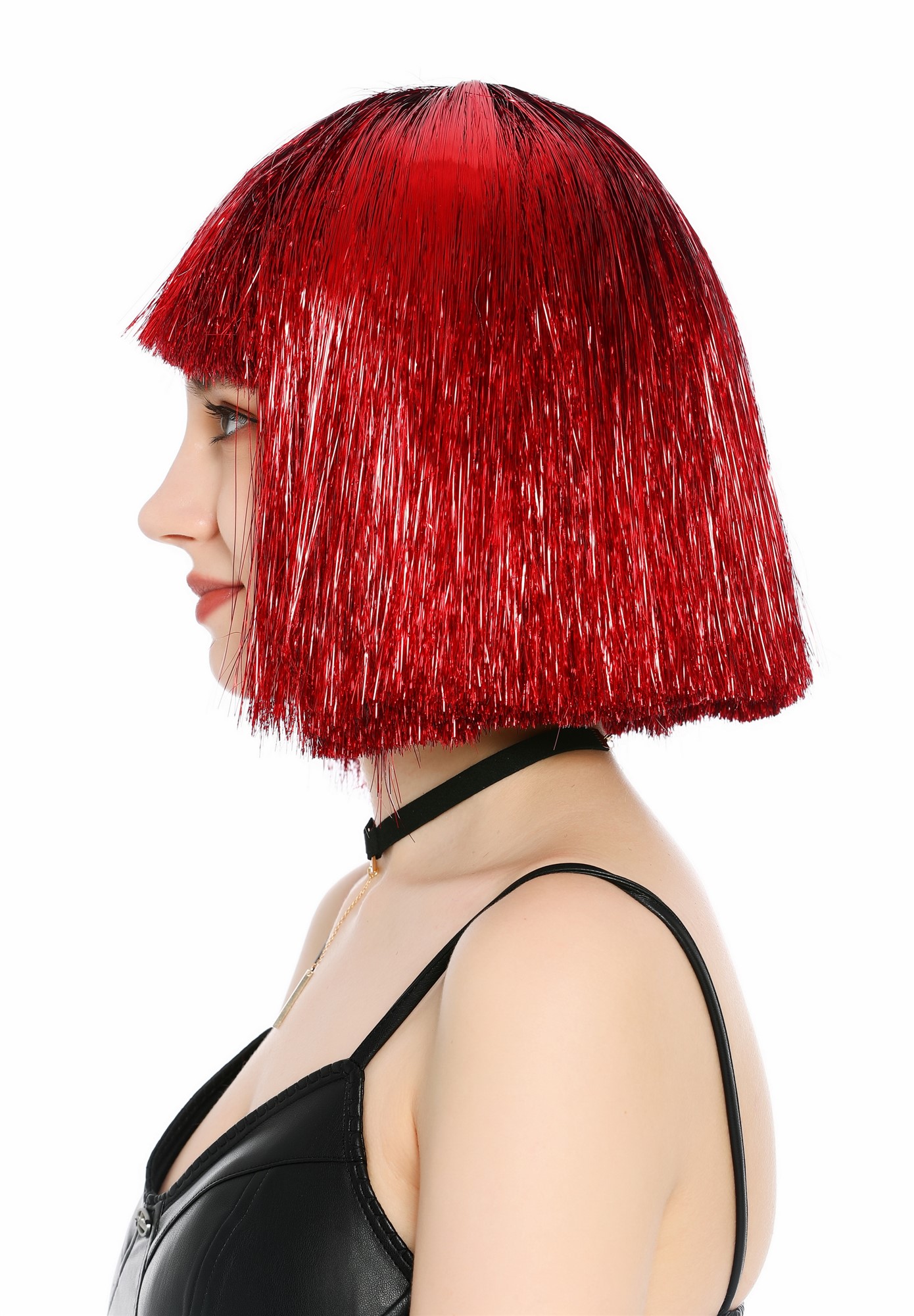 Perücke Damen Glitzer Lametta Tinsel Look Longbob Pony Disco Glam Rot VK-42-TN6