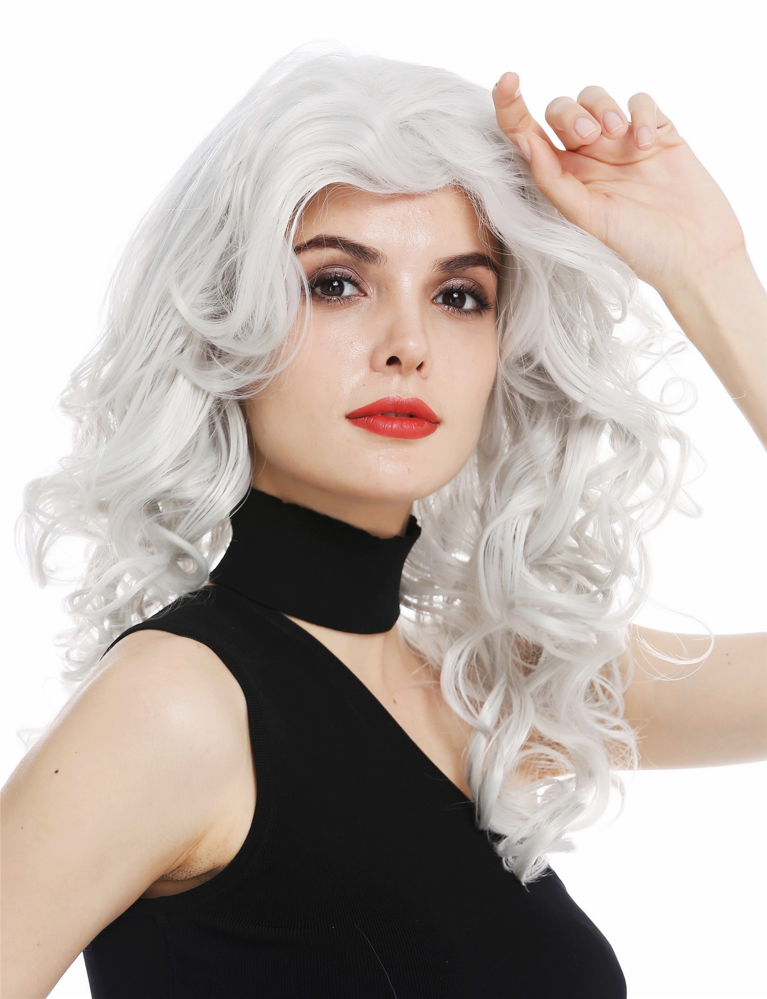 Lady wig long voluminous backcombed 80's pop diva light grey gray WL-3010, front view, WIG ME UP: Your Perücken Online Shop Quality Wigs, Ladies, light gray, curled, shoulder-length