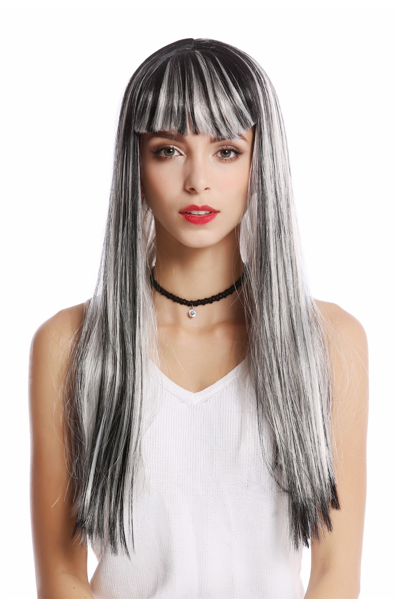 Wig Ladies Women Carnival Cosplay black grey silvery streaks straight fringe bangs Disco Glam Alien, front view, WIG ME UP: Your Perücken Online Shop Party Wig, Ladies, Black, Gray, straight, long