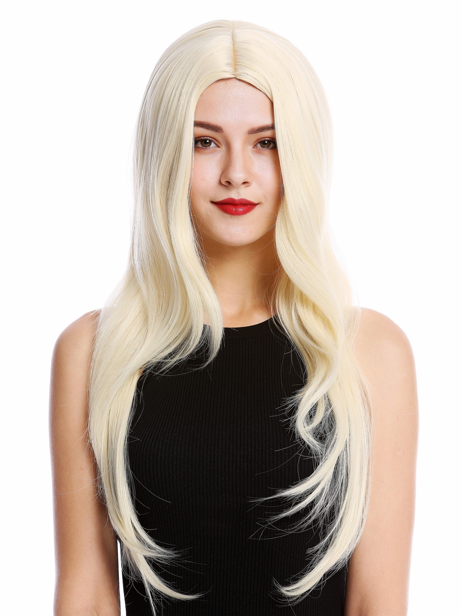 hochwertige Qualitätsperücken, Perücke sehr lang glatt gestuft Mittelscheitel Hellblond 3217-303, Vorderansicht, WIG ME UP: Ihr Perücken Online Shop glatte Tressen-Perücke mit Kopfhaut-Imitat Hellblond sehr lange Haare für Damen