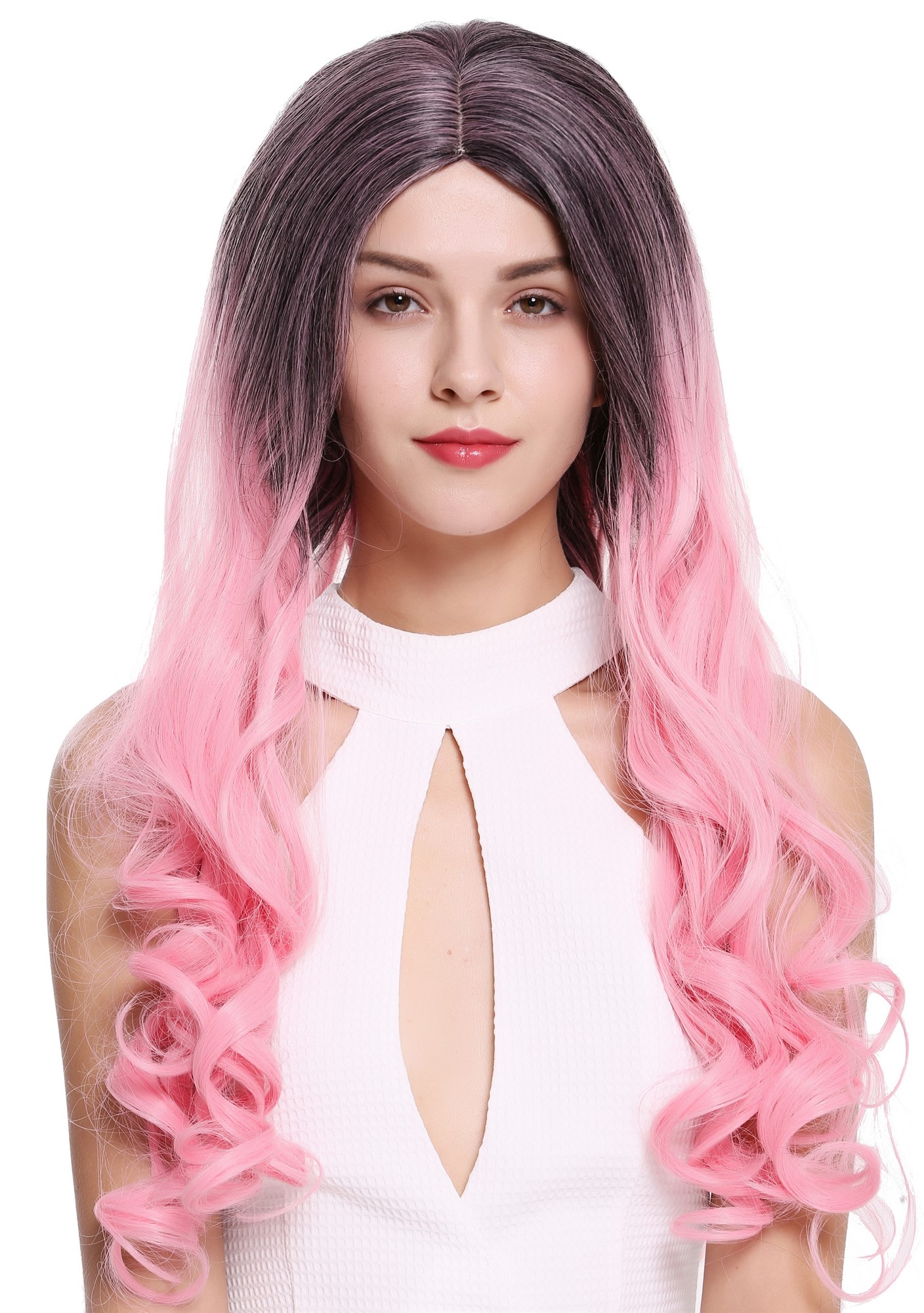 hochwertige Qualitätsperücken, Perücke lang Mittelscheitel Ombre Schwarz Rosa ZM-1707-1BT2311, Vorderansicht, WIG ME UP: Ihr Perücken Online Shop lockige Tressen-Perücke mit Kopfhaut-Imitat Schwarz-Hellrosa-Mix lange Haare für Damen