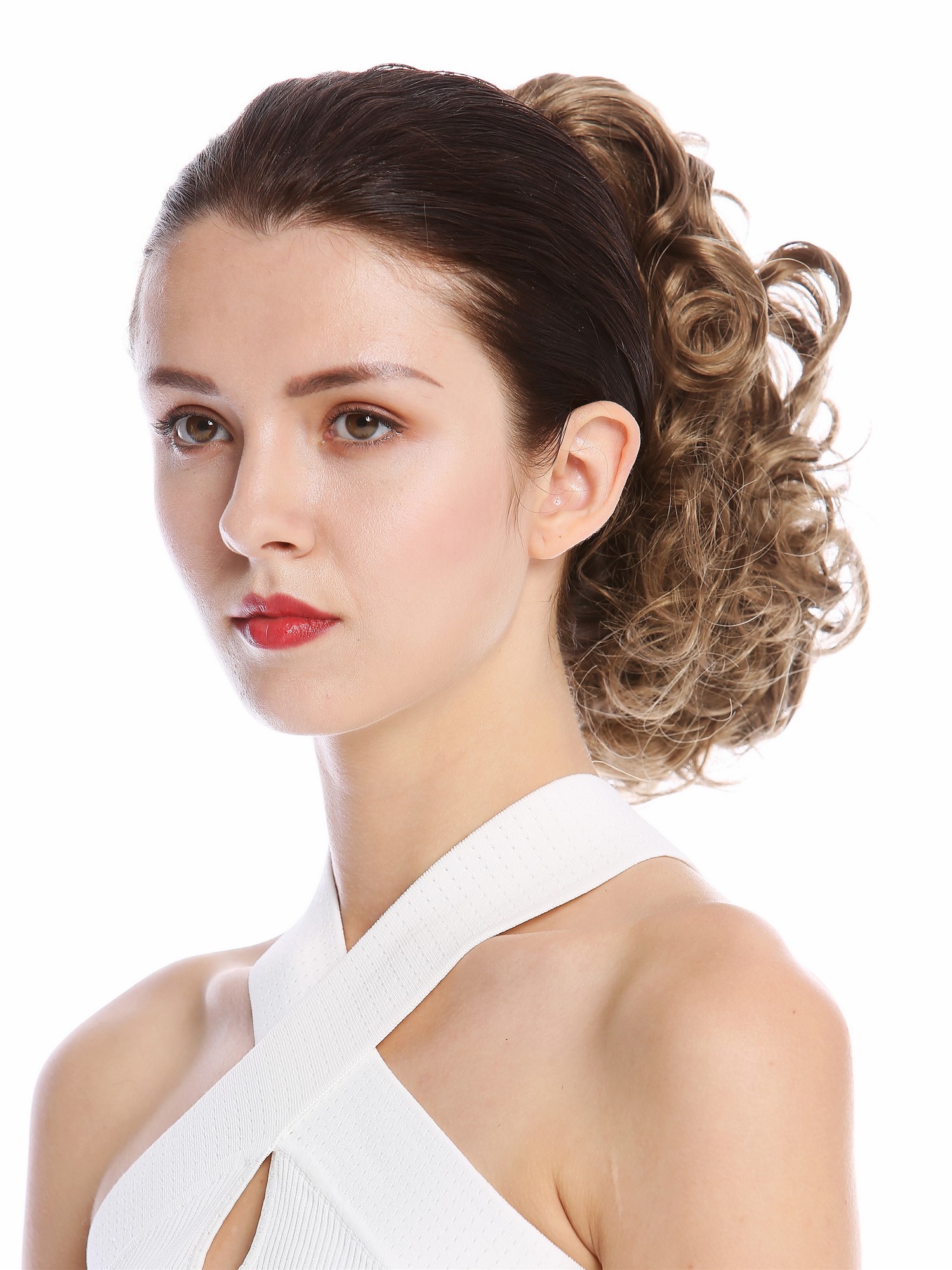 hochwertiger Zopf Pferdeschwanz Voluminös Gelockt Kurz Goldbraun MKB-22-V-14, Ansicht 3, WIG ME UP: Ihr Perücken Online Shop lockiges Zopf-Haarteil Hellbraun 25 cm lang