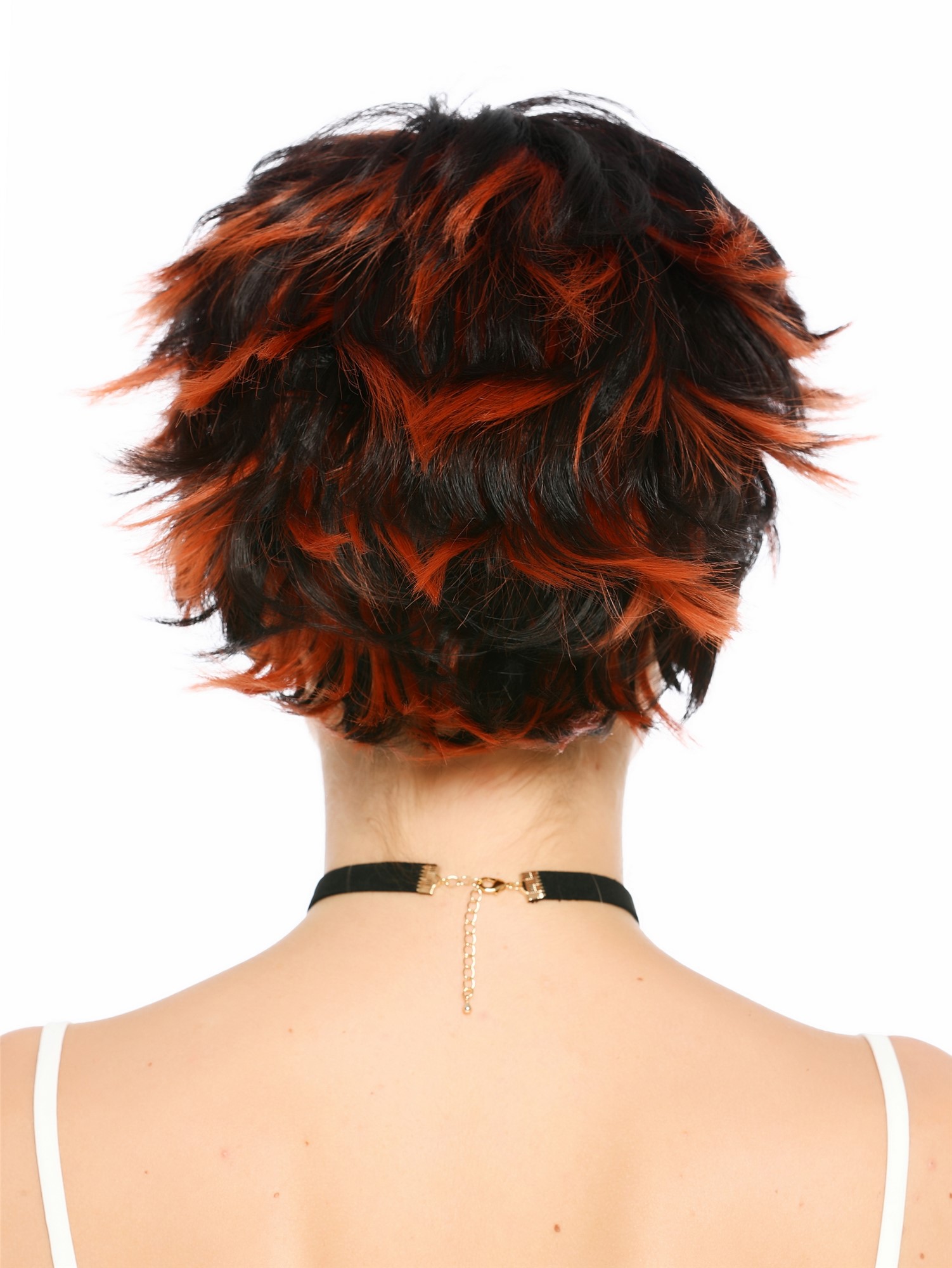 wellige Party-Perücke Schwarz mit rostroten Strähnen 30 cm lange Perücke für Damen