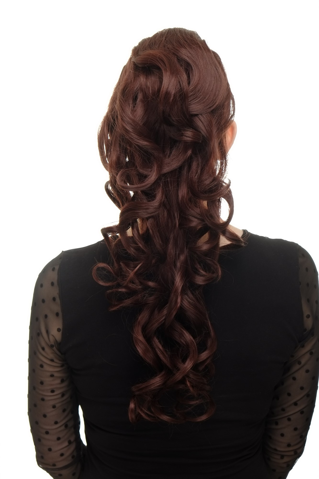 Hairpiece PONYTAIL with combs and elastic draw string curly voluminous very long mahogany redbrown, front view, WIG ME UP: Your Perücken Online Shop Ponytails, mahogany brown, curled, long