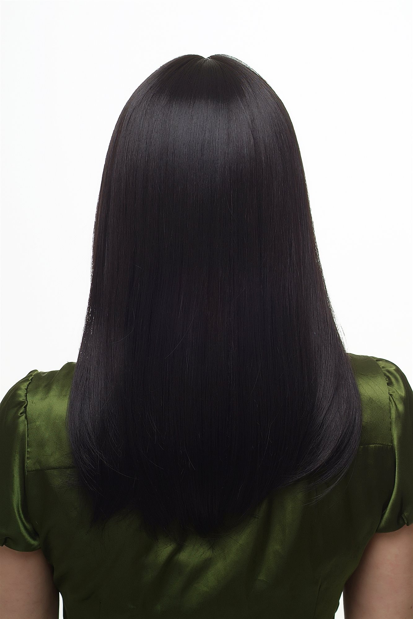 hochwertige Qualitätsperücken, Frauen Perücke schwarz halblang glatt fallend kesser Pony 3112-2, Ansicht 4, WIG ME UP: Ihr Perücken Online Shop glatte Tressen-Perücke mit Kopfhaut-Imitat Schwarzbraun schulterlange Haare für Damen