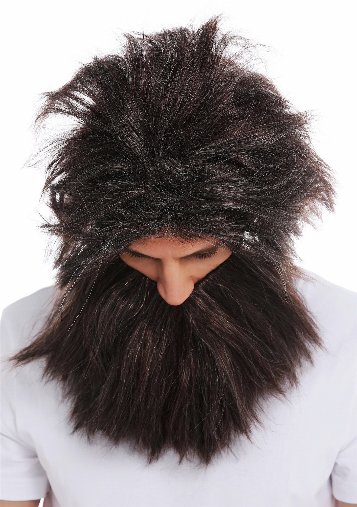 günstige Party Perücke, Perücke Bart Urmensch Neandertaler Wild Braun Mix Grau 6090A+B-P1-P68A-P30, Ansicht 4, WIG ME UP: Ihr Perücken Online Shop glatte Party Perücke Schwarz-Weiß-Kastanienbraun-Mix kurze Haare für Herren