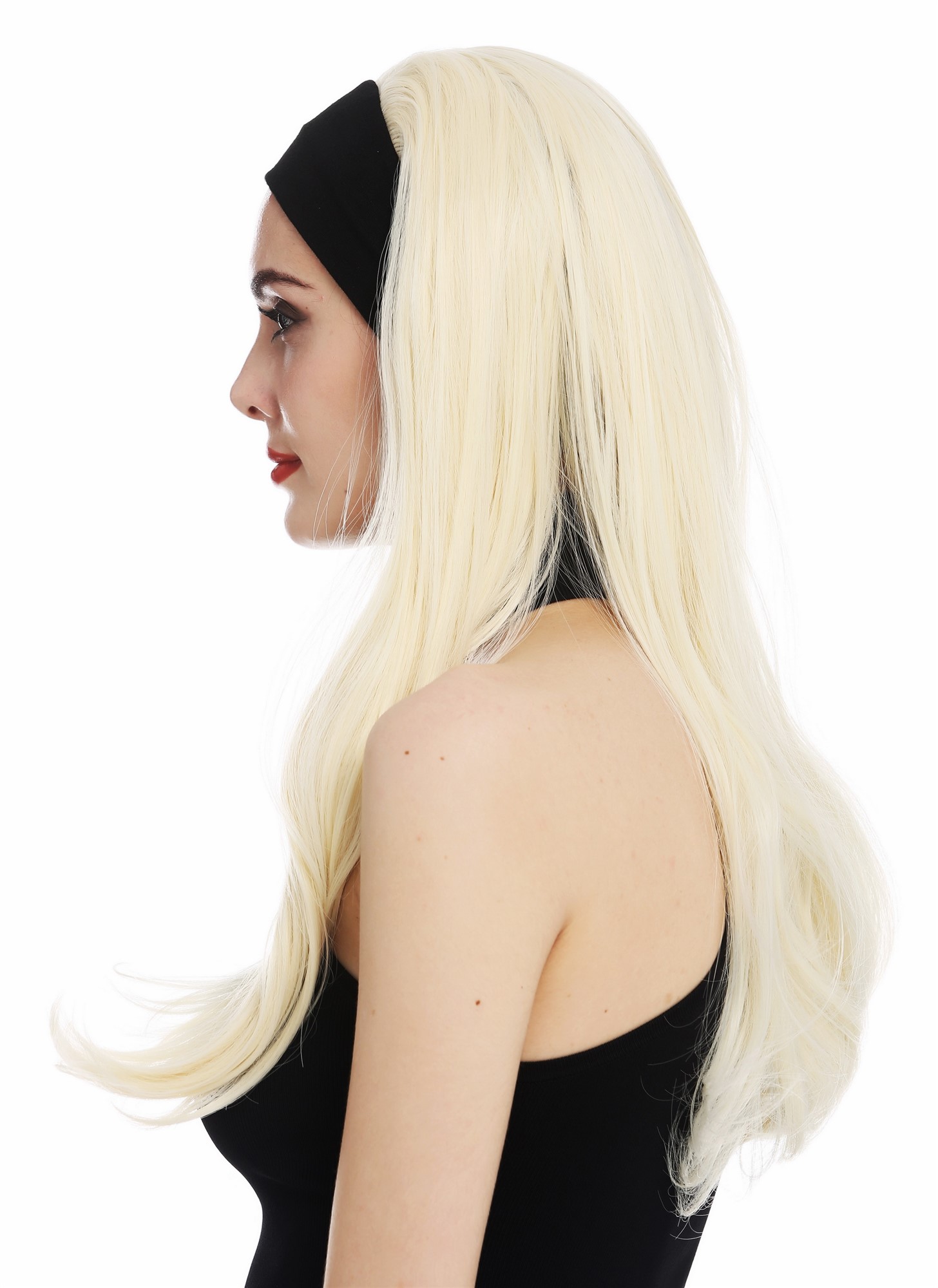hochwertige Qualitätsperücken, Perücke Stirnband 80er lang glatt Platinblond TYL-586-613, Ansicht 4, WIG ME UP: Ihr Perücken Online Shop glatte Tressen-Perücke mit Gummizug und Stirnband Platinblond lange Haare für Damen