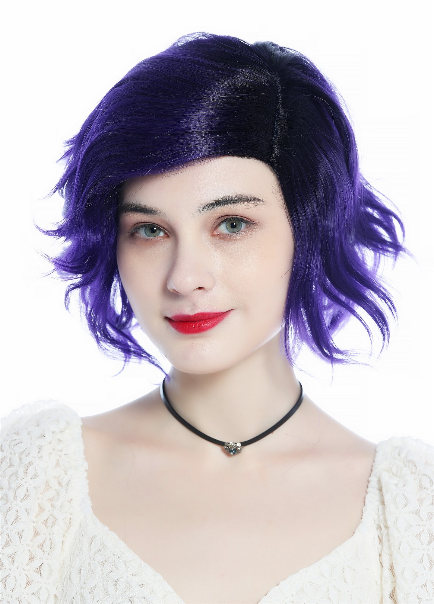hochwertige Qualitätsperücken, Perücke kurz wild gewellt gescheitelt Scheitel Ombre Schwarz Lila DW3334-DEEPVIOLETS1B, Vorderansicht, WIG ME UP: Ihr Perücken Online Shop wellige Tressen-Perücke mit Kopfhaut-Imitat Schwarz-Lila-Verlauf schulterlange Haare für Damen