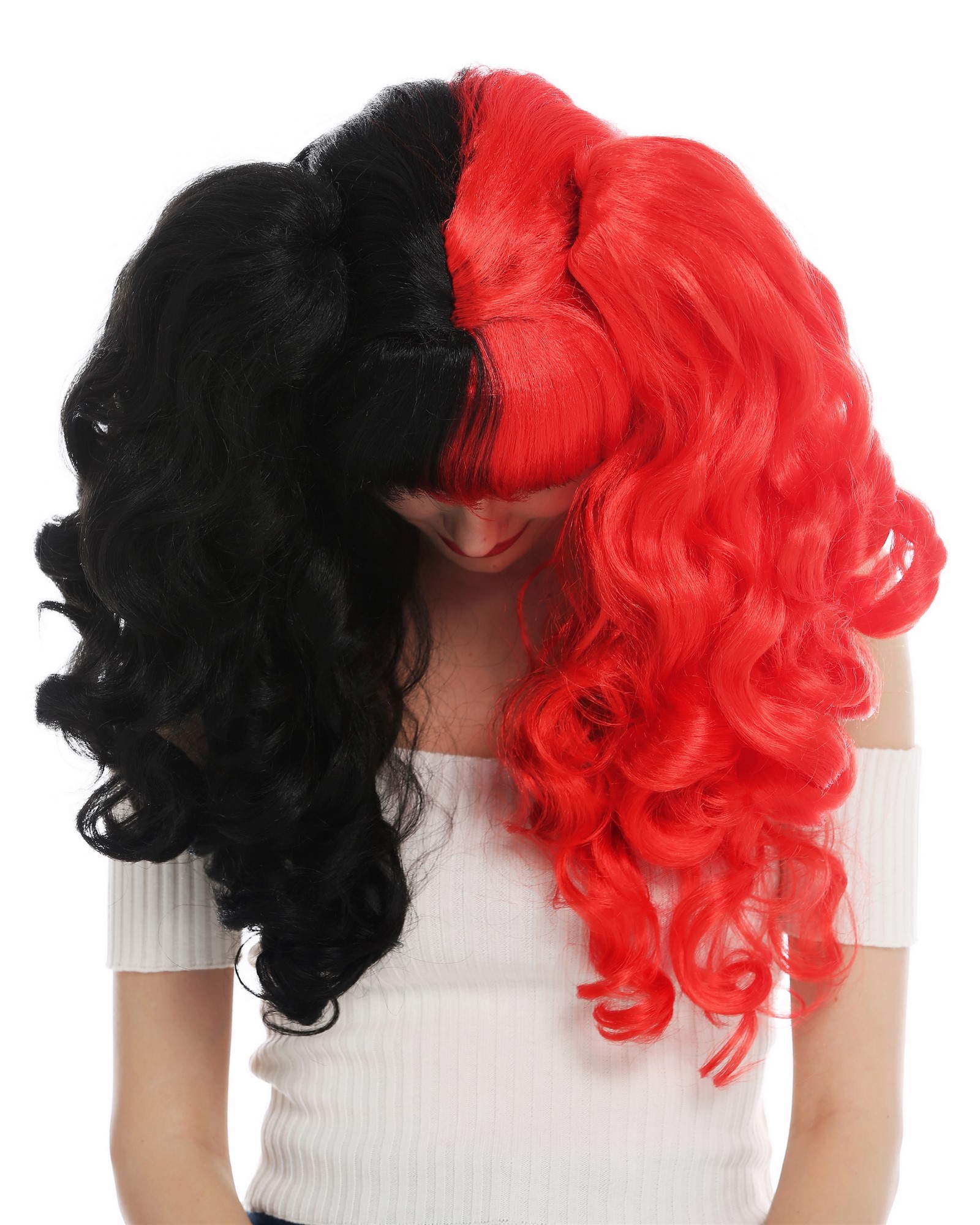 Party Wig, Ladies, deep black and bright red mix, curled, long