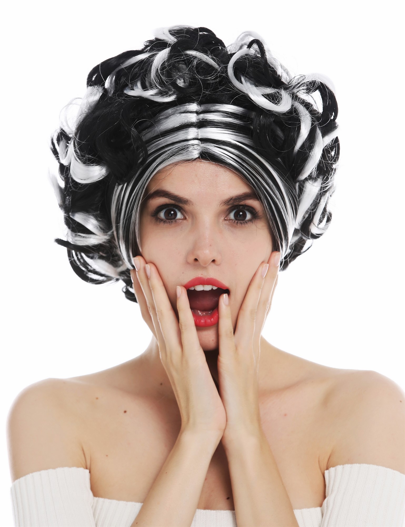 Women's wig lady Halloween carnival short curls black white highlights 31717, view 2, WIG ME UP: Your Perücken Online Shop Party Wig, Ladies, deep black and white mix, curled, short