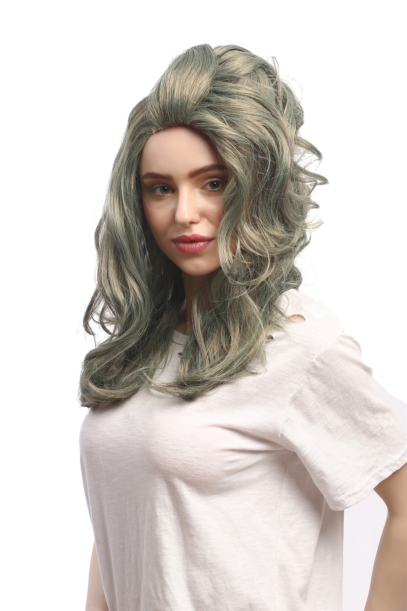 Party Wig, Ladies, Gray,Green, wavy, long