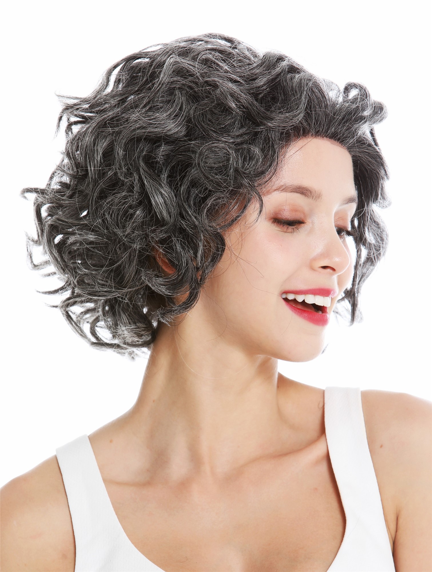 hochwertige Qualitätsperücken, Perücke Echthaar Lace-Front schwarz grau meliert Locken H/HROYCE-HH-LF-51, Vorderansicht, WIG ME UP: Ihr Perücken Online Shop lockige Tressen-Perücke mit Front-Lace Echthaar Grau kurze Haare für Damen