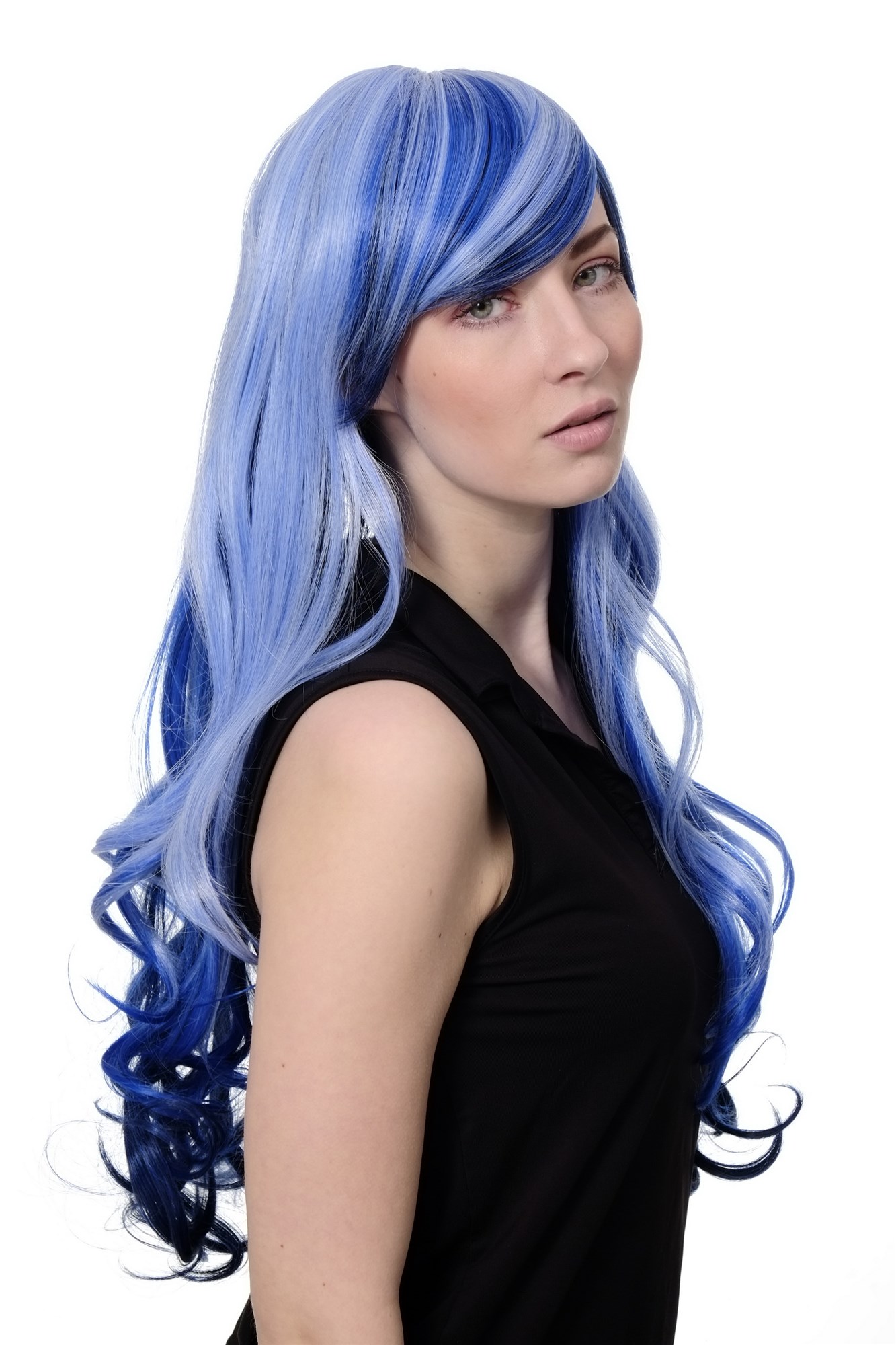 hochwertige Qualitätsperücken, Perücke Cosplay Emo Blau durchsträhnte lange gewellte Haarpracht 2307-2217YE, Ansicht 2, WIG ME UP: Ihr Perücken Online Shop wellige Tressen-Perücke Schwarz-Hellblau-Mix lange Haare für Damen