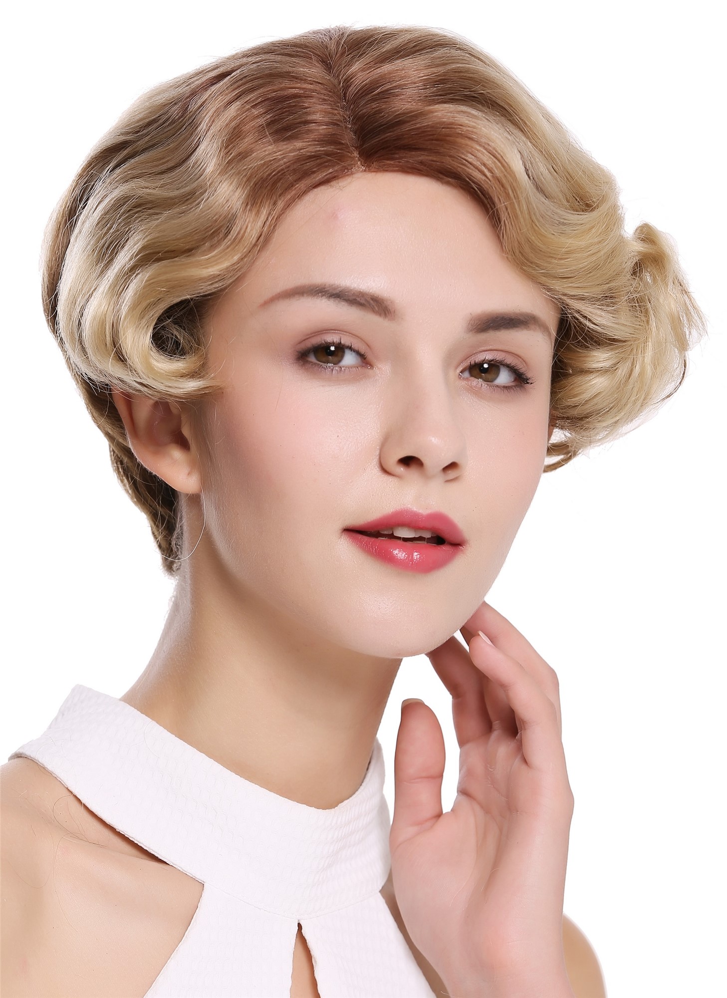 hochwertige Qualitätsperücken, Perücke Echthaar Mono Lace Kurz Scheitel Ombre Braun Blond DW-2054-HH-MF-12/613YS12, Vorderansicht, WIG ME UP: Ihr Perücken Online Shop wellige Tressen-Perücke mit Teil-Mono Oberkopf, Front-Lace 100% Echthaar Goldbraun-Platinblond- Mix kurze Haare für Damen