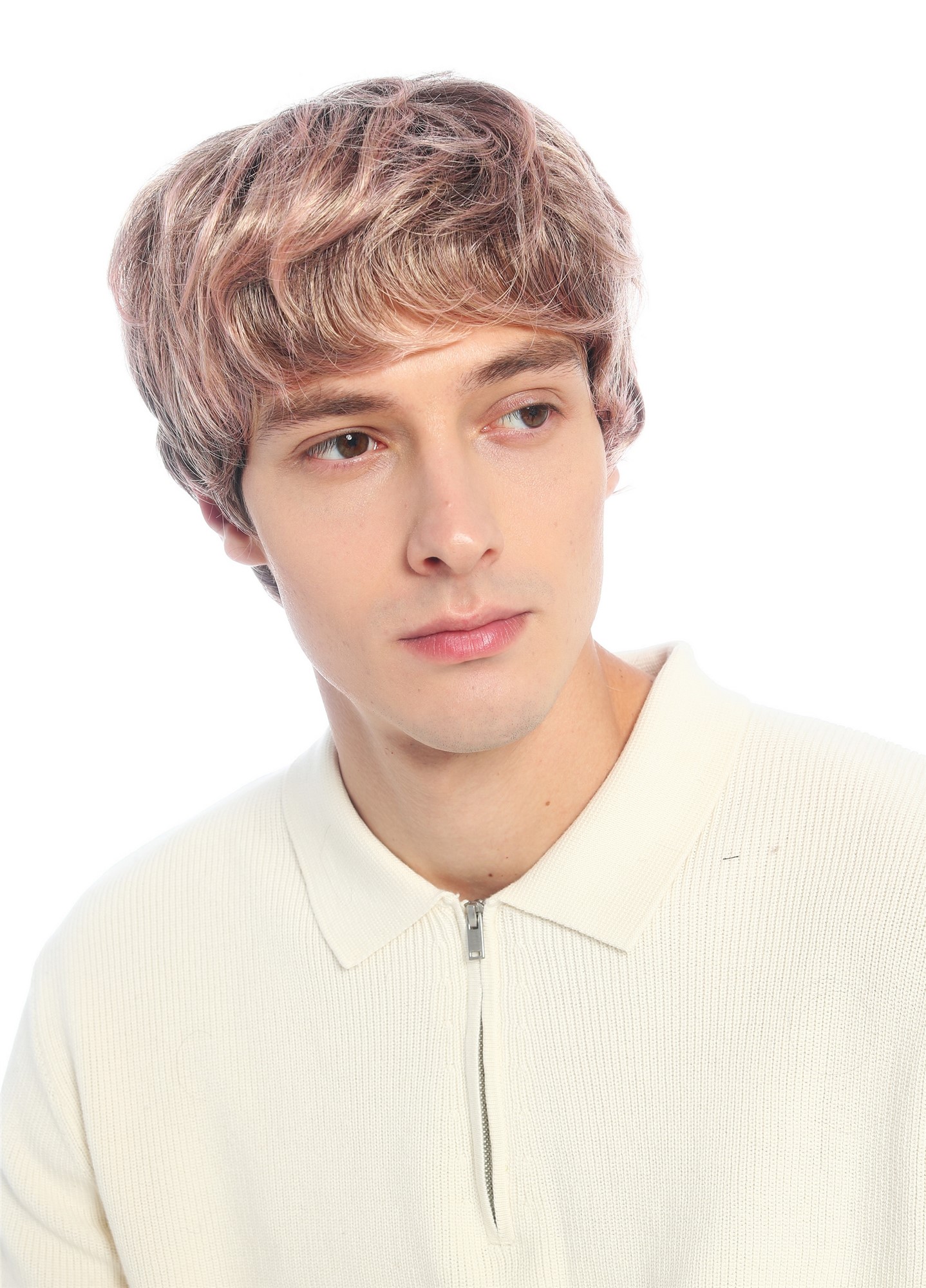 Perücke Damen Herren burschikos androgyn unsisex kurz wild gewellt Blond Mix Rosa Strähnchen VK-72-2215T