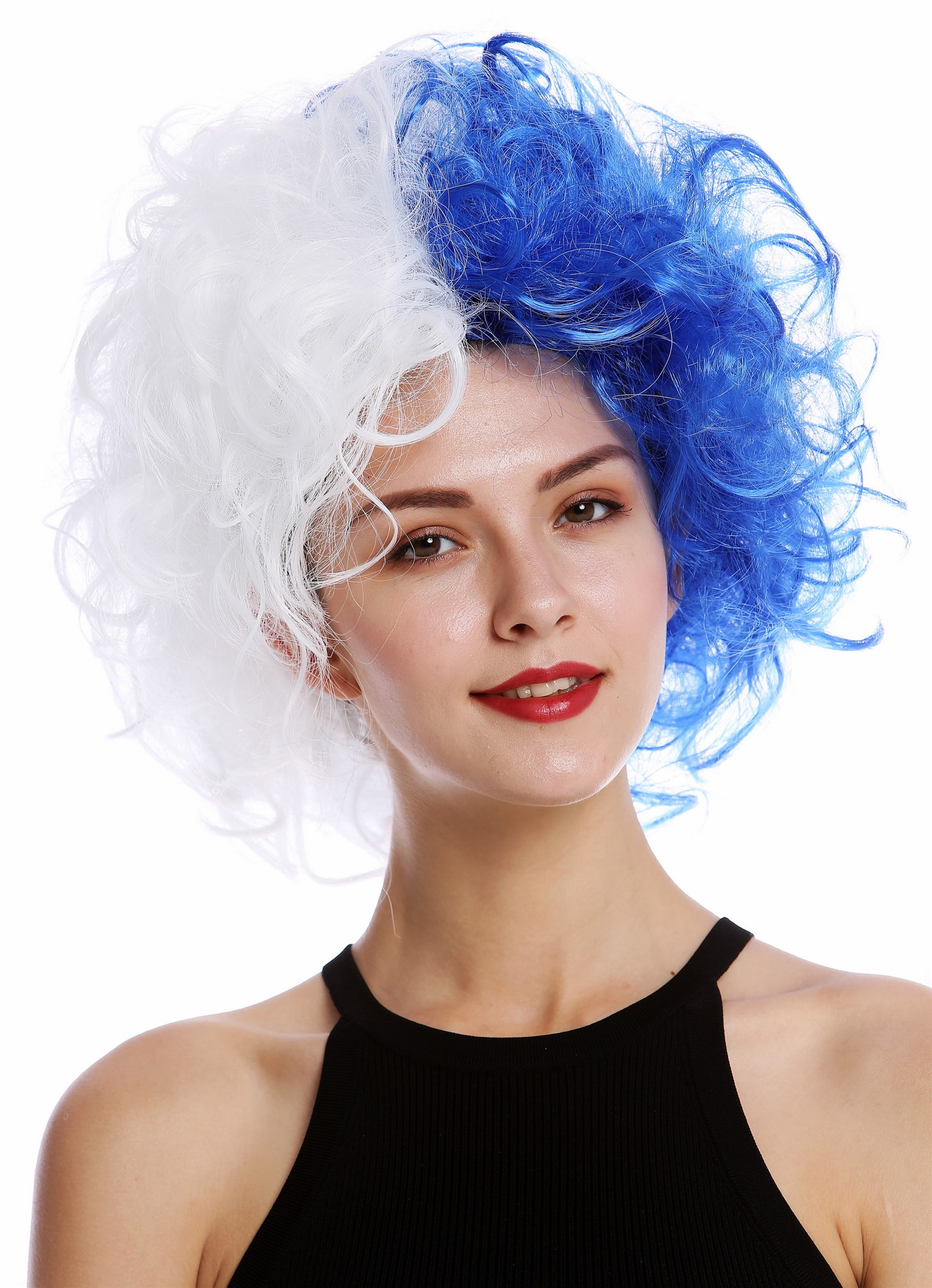 Lady Man Party Wig Crazy Divac curly unruly curled half white half blue 91344, front view, WIG ME UP: Your Perücken Online Shop Party Wig, Unisex, blue and white, curled, short