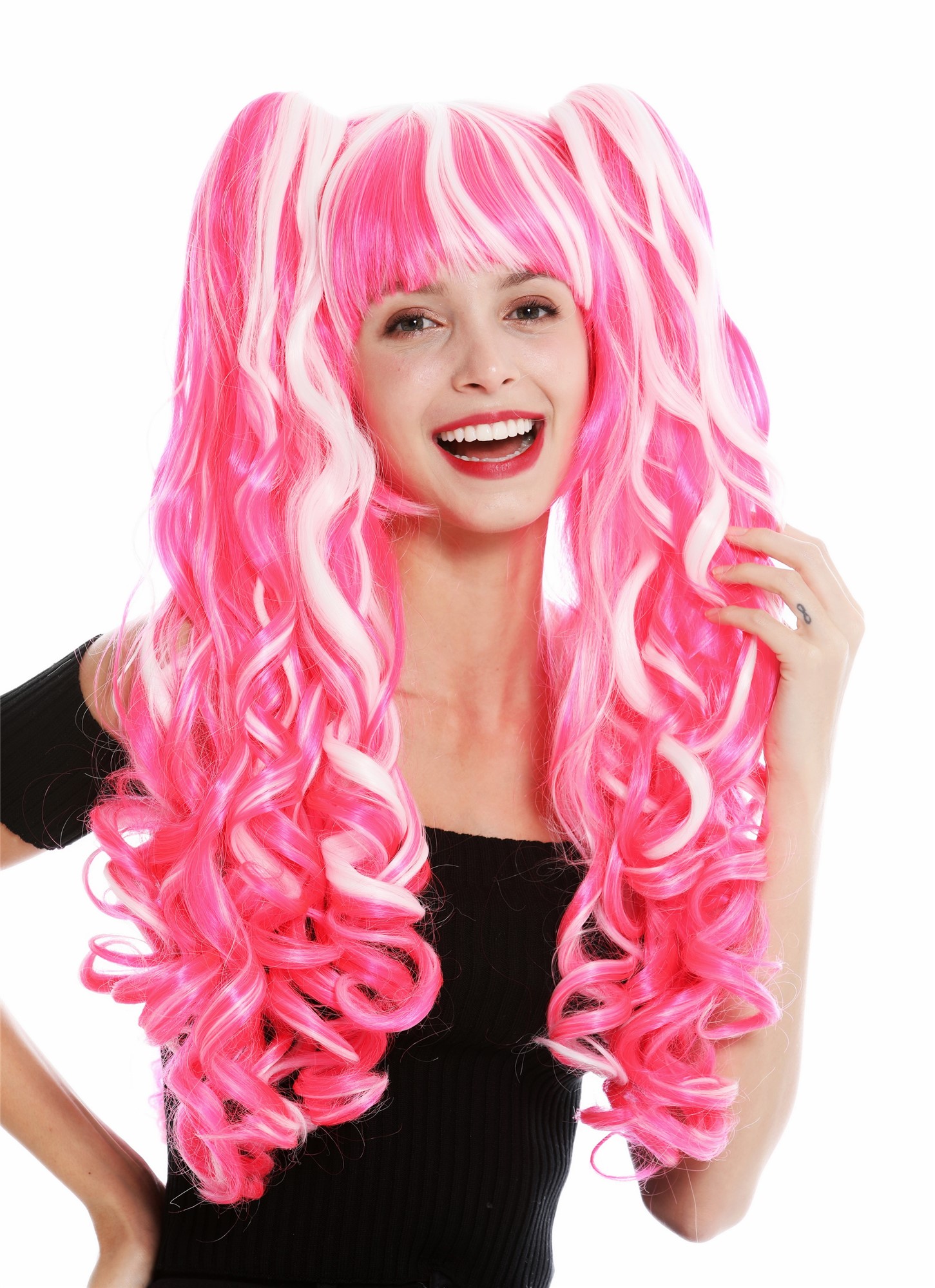 hochwertige Qualitätsperücken, Perücke Cosplay Lang Zöpfe Weiß Rosa Mix YZF-7092L+A-1001/TF2315, Ansicht 3, WIG ME UP: Ihr Perücken Online Shop lockige Tressen-Perücke mit Kopfhaut-Imitat Weiß-Rosa-Mix lange Haare für Damen