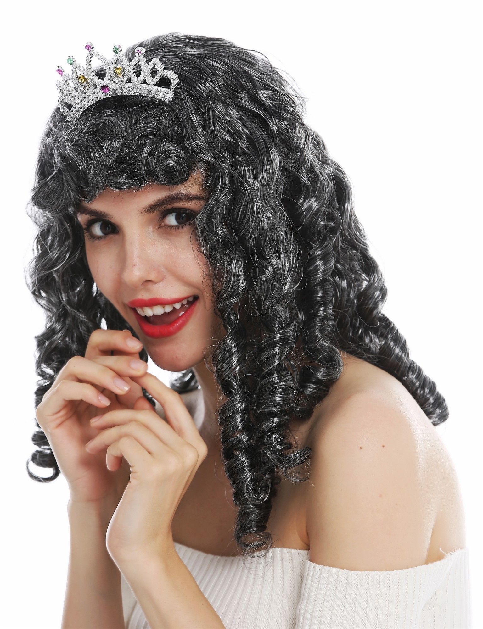 günstige Party Perücke, Perücke Königin Fee Prinzessin grau Locken Tiara 68840-P103-68, Ansicht 3, WIG ME UP: Ihr Perücken Online Shop lockige Party Perücke Dunkelgrau schulterlange Haare für Damen