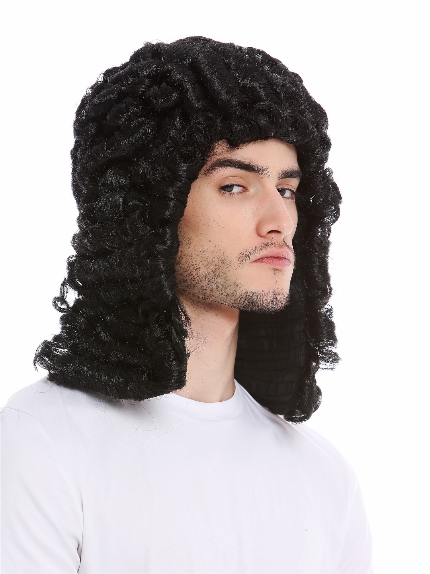 günstige Party Perücke, Perücke Richter Lord Edelmann Barock Schwarz Locken PW0171-P103, Vorderansicht, WIG ME UP: Ihr Perücken Online Shop lockige Party Perücke Schwarz schulterlange Haare für Herren