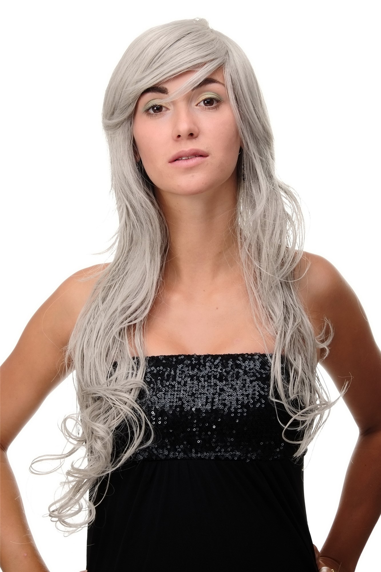 Lady  Wig wavy curly & slightly straggly ends wet-look long fringe (for side parting) grey, front view, WIG ME UP: Your Perücken Online Shop Quality Wigs, Ladies, Grey, wavy, long