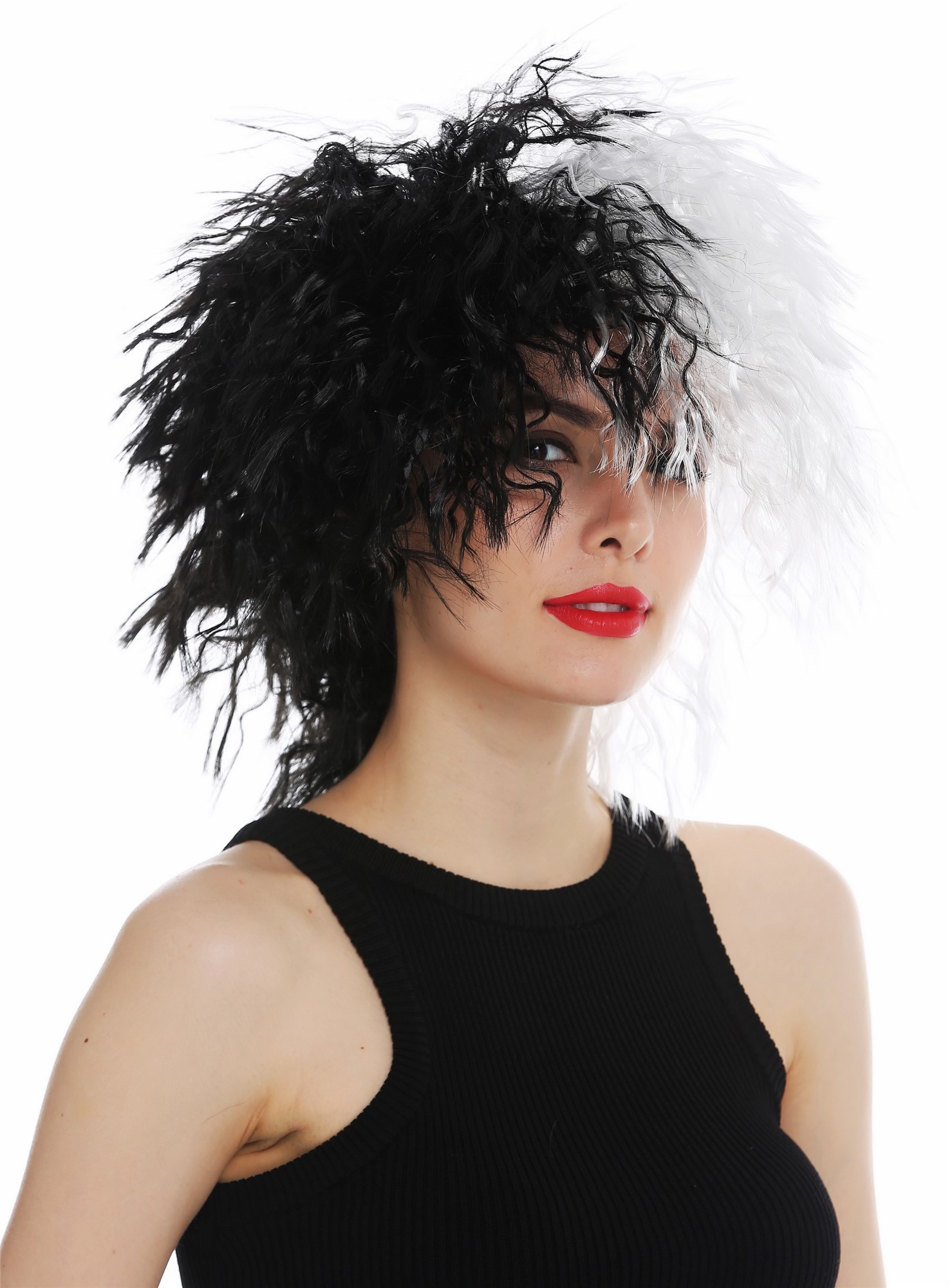 günstige Party Perücke, Perücke voluminös wild wellig Schwarz Weiß Hälften 30720-P103-68, Vorderansicht, WIG ME UP: Ihr Perücken Online Shop wellige Party Perücke Tiefschwarz-Weiß-Mix schulterlange Haare Unisex