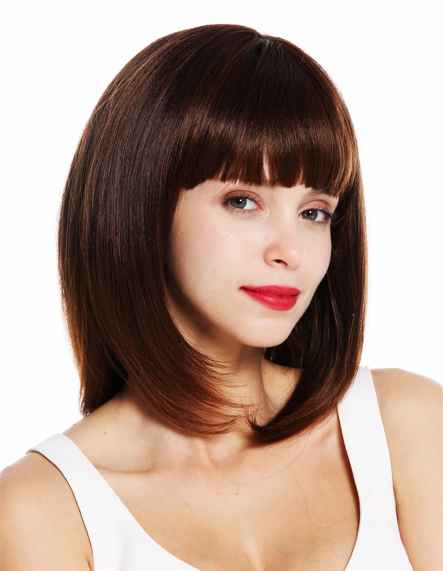 hochwertige Qualitätsperücken, Perücke Longbob schulterlang glatt Pony Kastanienbraun VK-49-2T30, Vorderansicht, WIG ME UP: Ihr Perücken Online Shop glatte Tressen-Perücke mit Kopfhaut-Imitat Braun-Mix schulterlange Haare für Damen