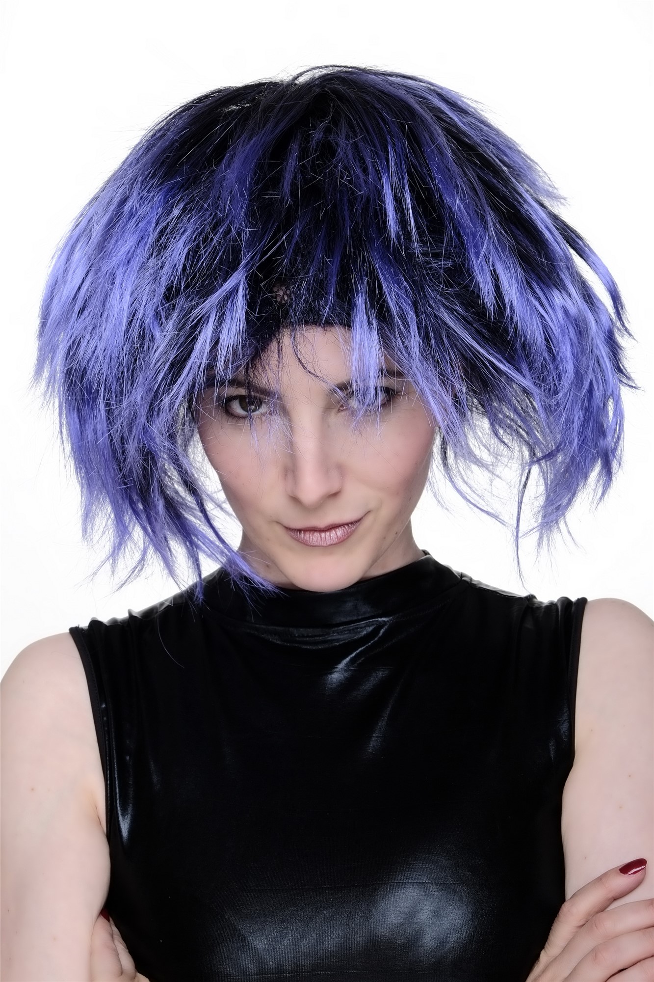 Party Wig for Halloween Fancy Dress Cosplay Blue Black Punk Wave 80s Disco Spikey Hair, front view, WIG ME UP: Your Perücken Online Shop Party Wig, Ladies, blue-black, wavy, short